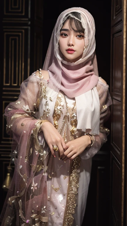 Fashion trendy beautiful and charming girl, gentle and charming pakistani beautiful girl , charming oval face, double eyelids, smart peach blossom eyes, pink lips, small nose,  focus on the face, close-up of the face, Ultra-high-definition, super-detailed, the white off-the-shoulder , fresh and impressive,looking on camera