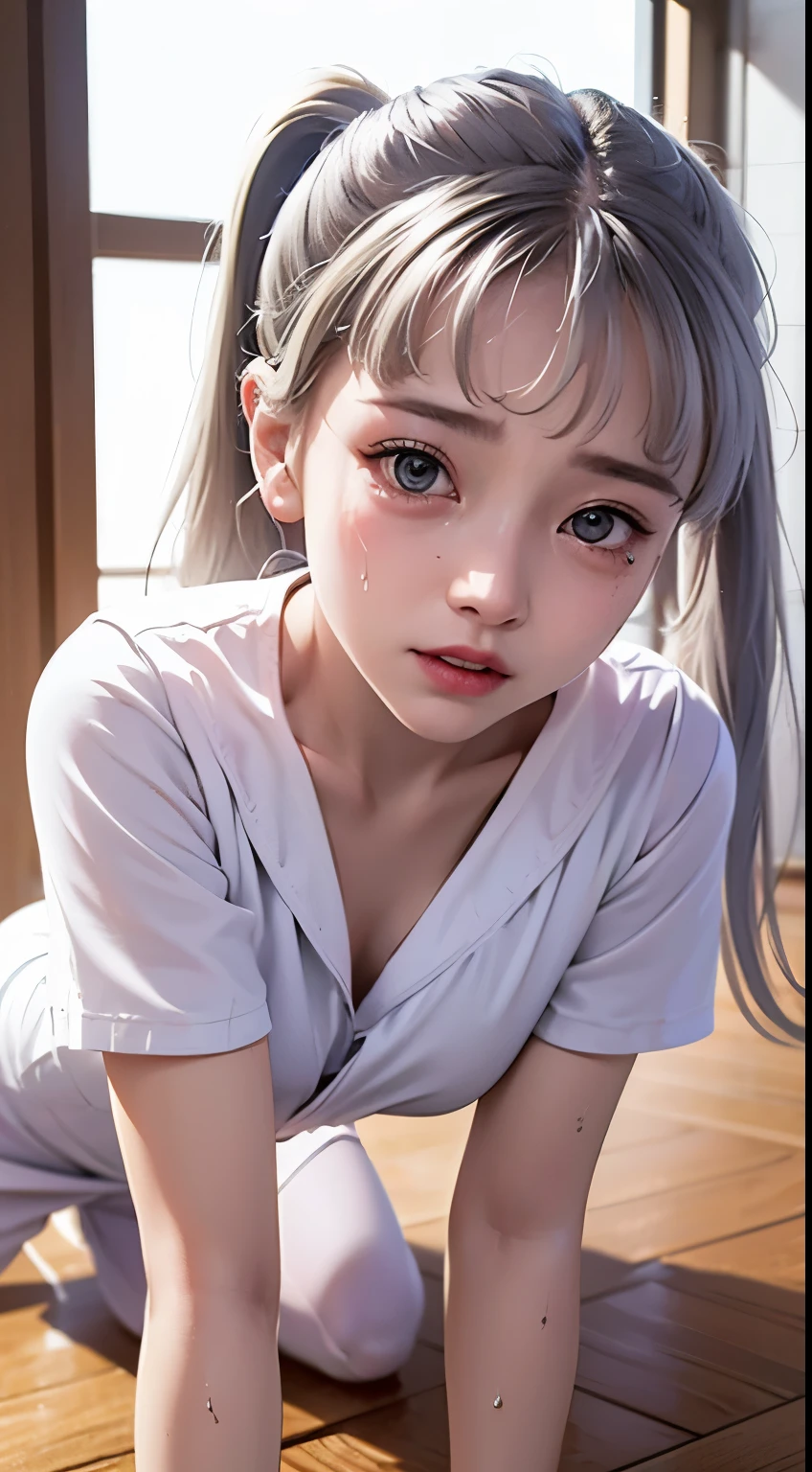 A high resolution, quality, 超quality, the ultra-detailed, lighting like a movie、small tit、School rooftop、(on the floor on all fours)、embarrassed from、White hair，Medium length gray hair，high ponytails，There are two strands of white hair on both sides of the ears，佩戴in pink发饰，skyblue eyes，Elaborate Eyes，weeping，Eyes filled with tears，Tears flowed down her face，Wear sweaty、Covered in sweat、white transparent shorts、in pink，White transparent sailor suit、in pink，perfect hips、Delicate underwear、Cute  s、Limited to 18 people