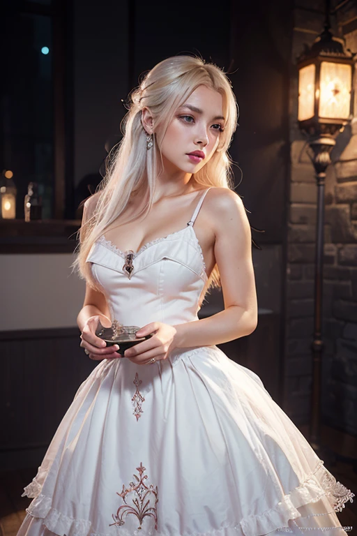 She is an 18-year-old woman with silky white hair that cascades over her shoulders.. His eyes are a deep red, shining with a faint unearthly glow, emanating an aura of mystery and power. Your beauty is undeniable, with delicate features that highlight your unique and mesmerizing appearance.clothing style:She wears a luxurious dress, made of fine fabrics that fall in soft pleats around your body. The dress is predominantly black, with dark red accents that contrast elegantly with her pale skin. Golden embellishments adorn the dress, adding a touch of sophistication and refinement to your look.fund:She is inside an ancient palace, whose walls are decorated with intricate tapestries that tell stories of centuries past. Large windows let moonlight gently enter, creating a play of shadows that highlights your figure. Ao fundo, a crystal chandelier casts brilliant reflections, delicately illuminating the environment and highlighting its imposing presence.