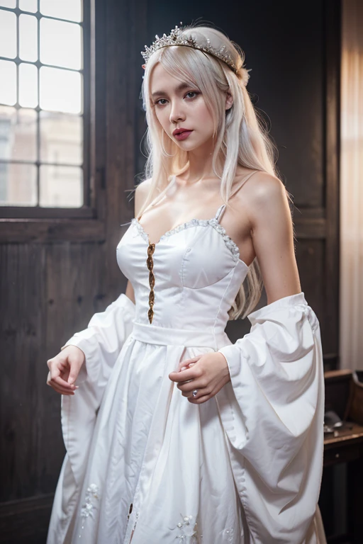 best quality, masterpiece,white hair, gold eyes,white clothes, looking up, upper body,hair strand,Fair skin,side braids