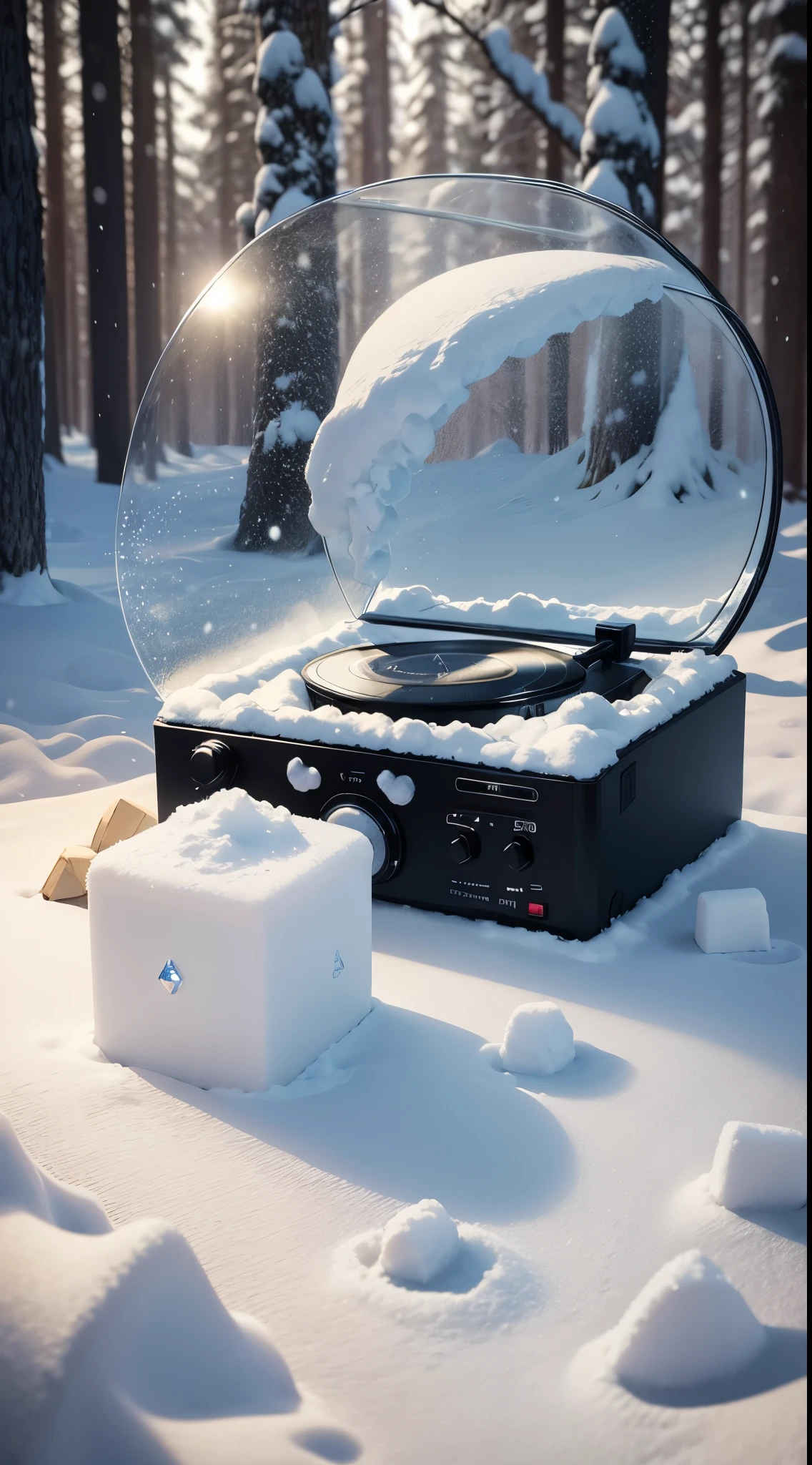 Wine glass and disc player on the snow, cubes, and snow forest background,Snowfalling