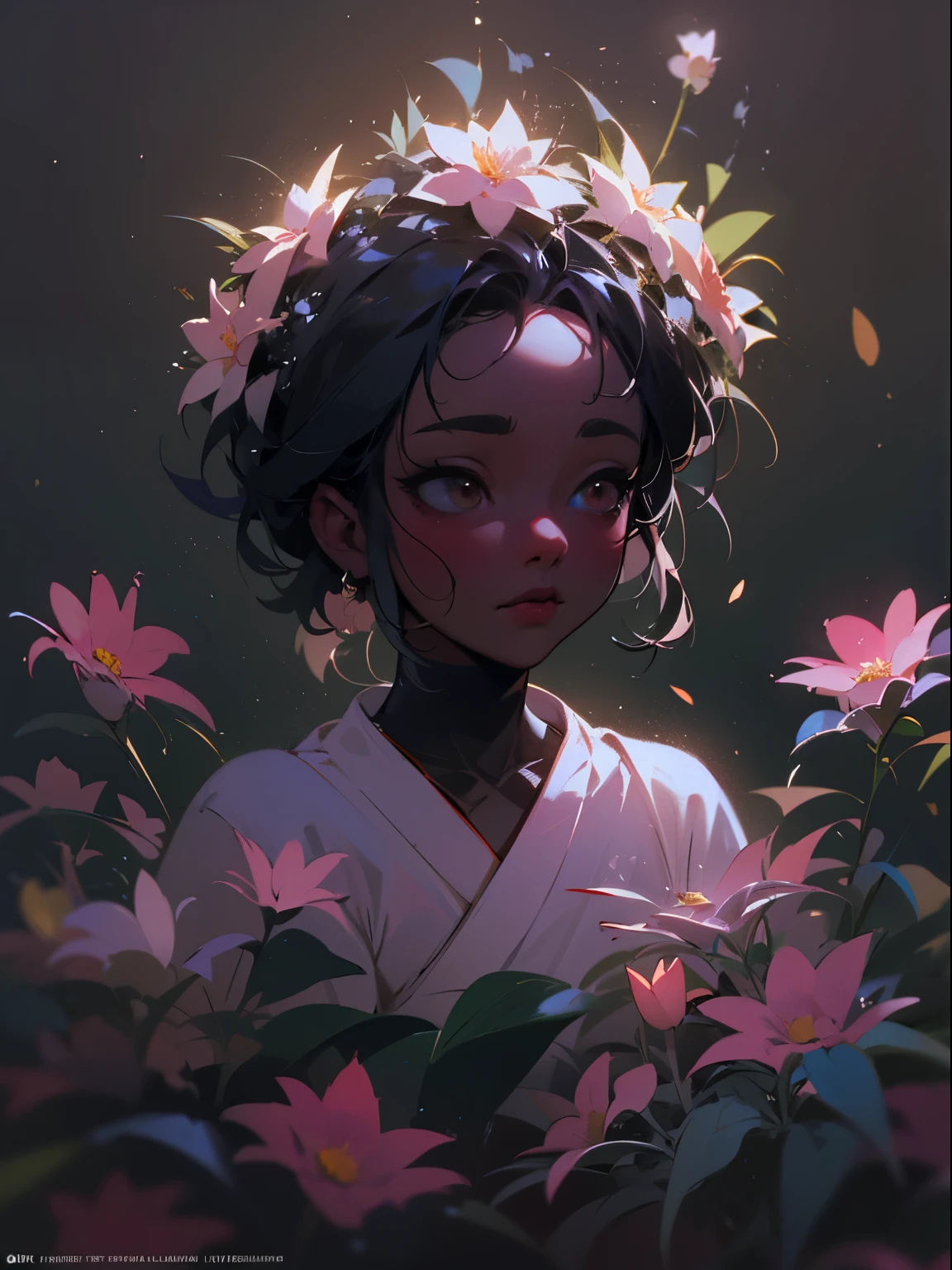 Little cute flower spirit, (dark skin), solo,  concept art, fantasy art, matte in the style of alena aenami,by yanjun cheng, hyperrealism, cinema 4d, beautiful, mysterious, elemental, ethereal, elementl, high resolution