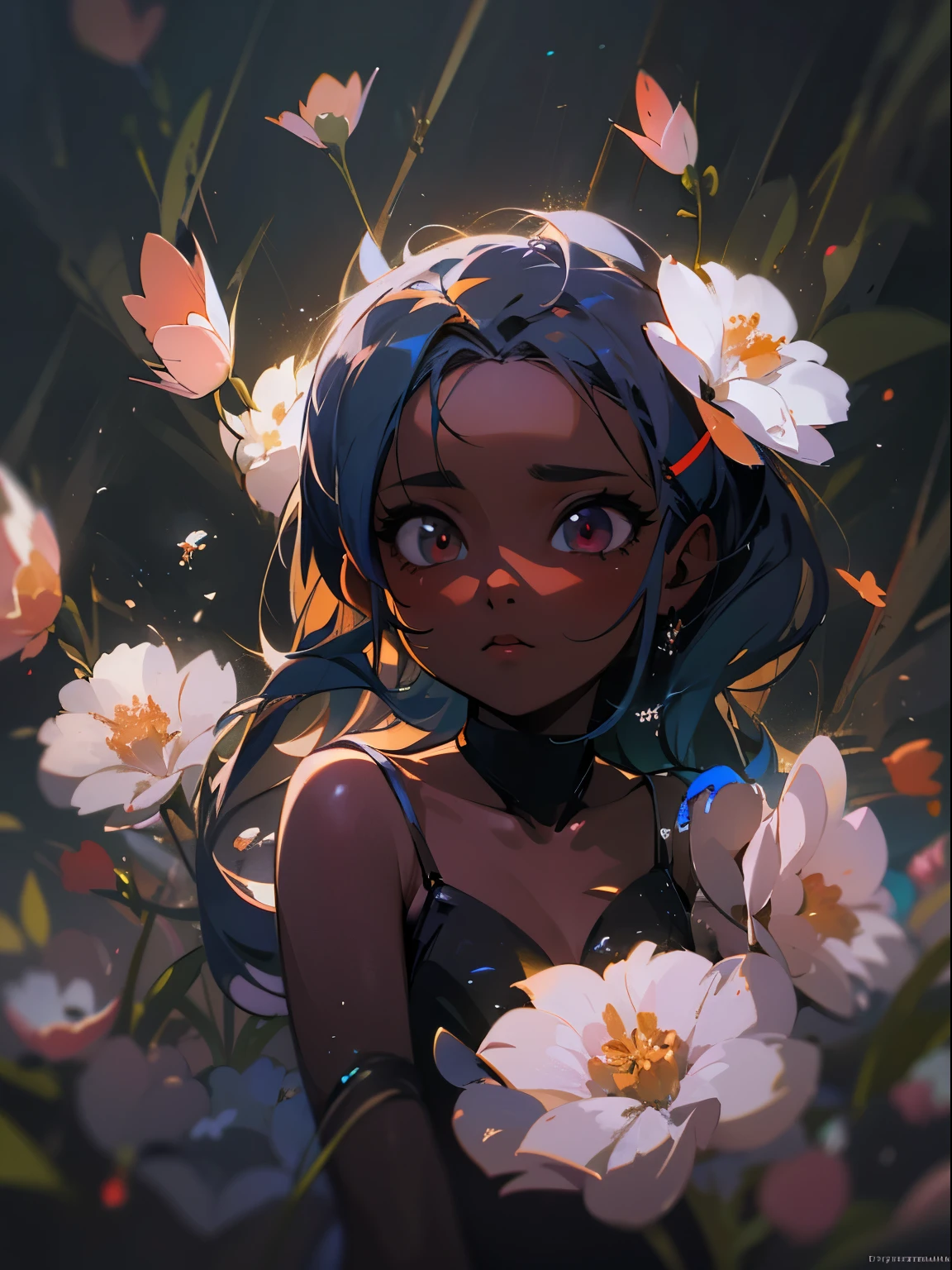 Little cute flower spirit, (dark skin), solo,  concept art, fantasy art, matte in the style of alena aenami,by yanjun cheng, hyperrealism, cinema 4d, beautiful, mysterious, elemental, ethereal, elementl, high resolution