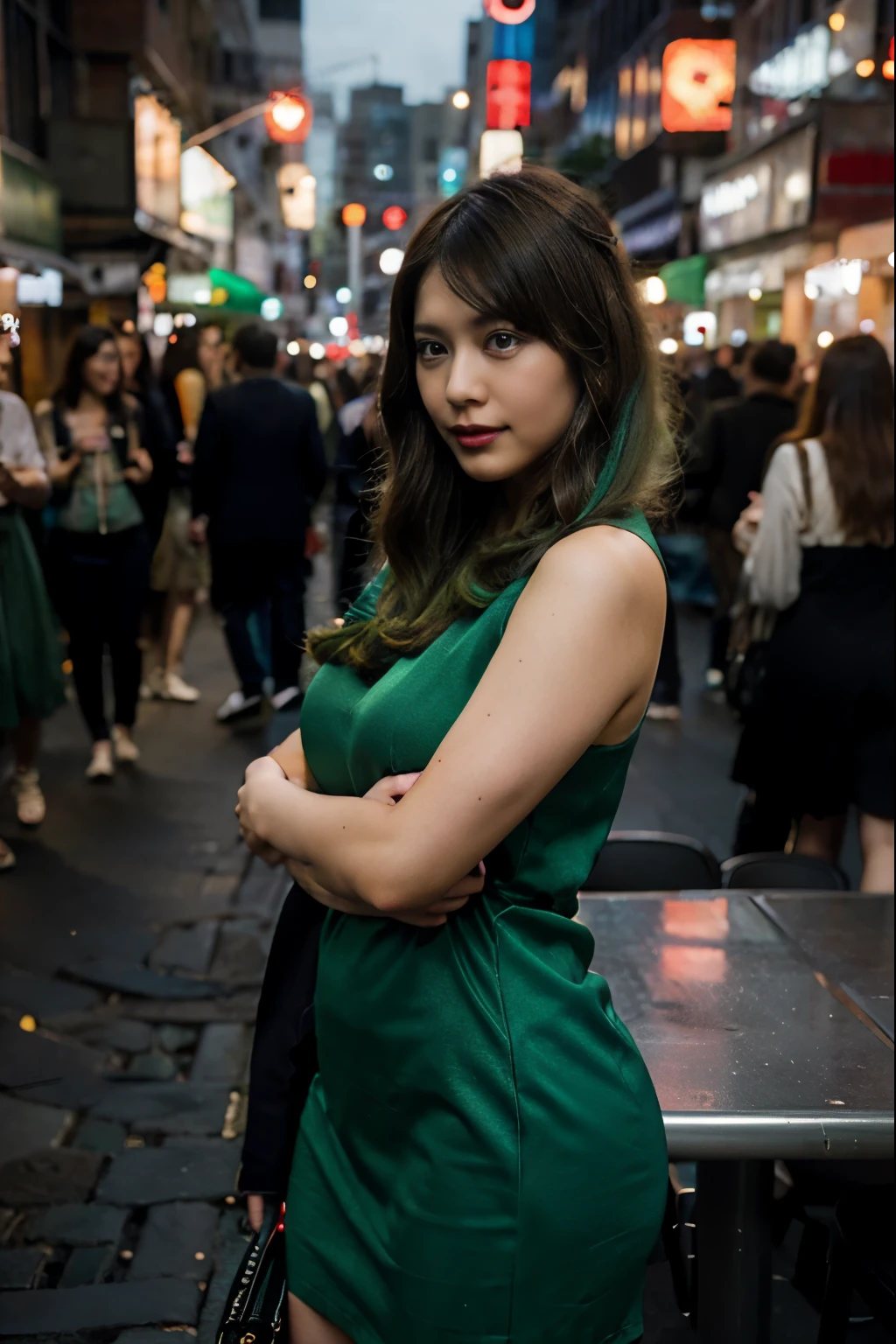 Sassy full-body portrait with the brunette green hair woman in a curve-enhancing cocktail dress, shot against a vibrant city nightlife backdrop.