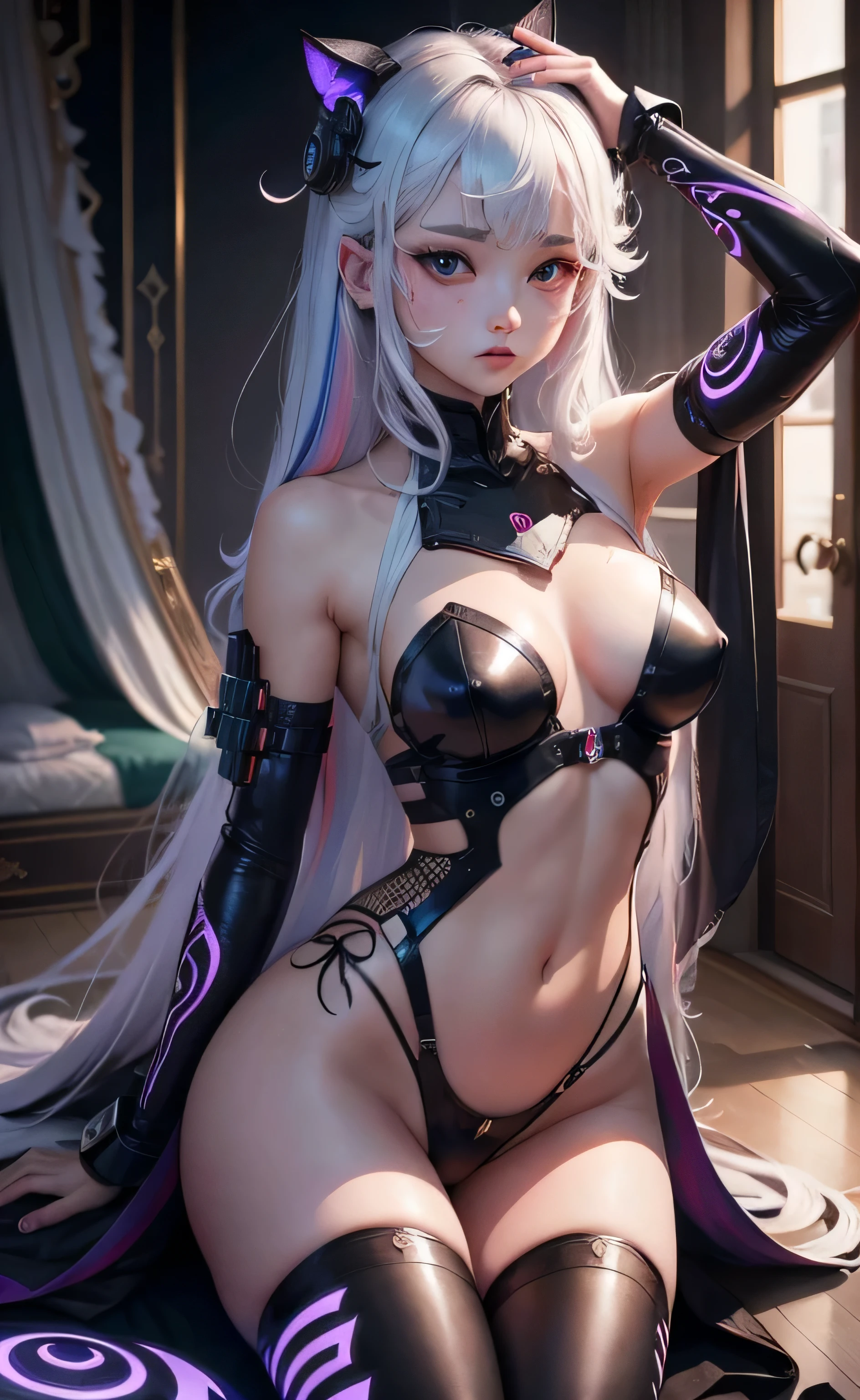 tmasterpiece, top-quality, girl, Slim, Irridescent color 眼睛, Hair color, Irridescent color, struggling, Long hair spread out, white skinned, middling, cute big breasts, Raised sexy, The halo, near future, 比基尼, skin exposed, psychedelia, Trip, Highly colored, paisley, Highly colored, cyber space, Mandala Theme, , Eyeshadow alse lashe redness on face, Mechanical left arm, Full body lesbian, cyborgs, Android, Makina人, Makina