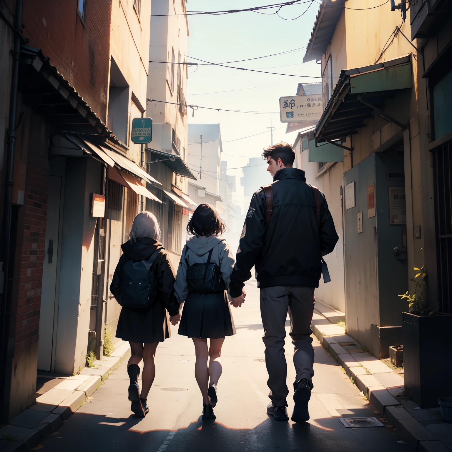 The back of four people walking hand in hand,