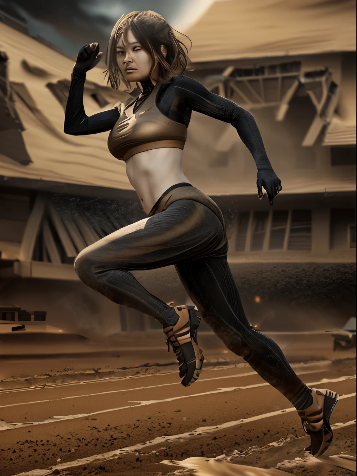epic realistic, (dark shot:1), 1girl, ninja floating, textured clothing, dragon_head, smoke, (((sandstorm))), (flying stone), (((dust explosion:1))), wind, (motion blur), realistic, solo_focus, (dark_background), 3d Model