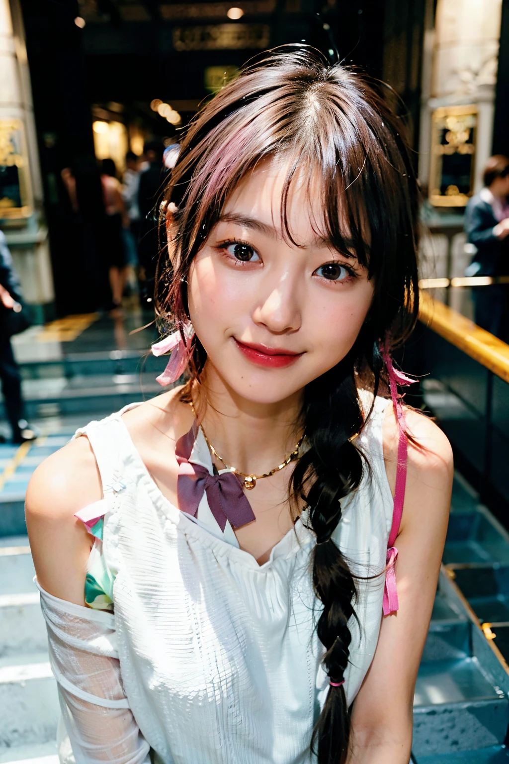 1girl in, Solo, Cute girl with pink hair, Pink eyes, escalators, Soft natural light, Ribbon on the head, Sleeveless white shirt、a small face、Smile、younggirl、8K、realisitic、white braids, Hair Ornament、