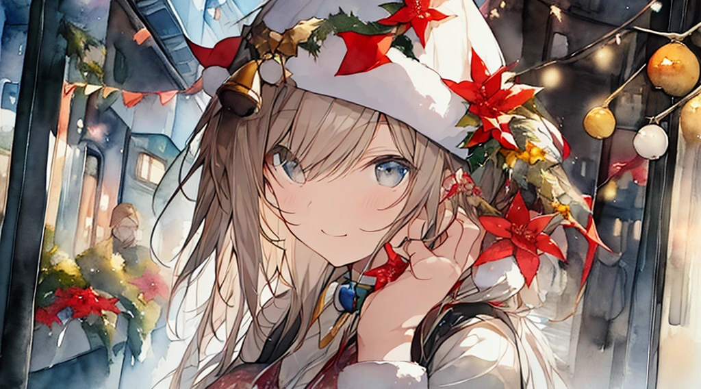 (watercolor paiting: 1.2), Person, s face, Eyes, bells, Gold Light、poinsettia、Christmas Colors、Warmth spreads throughout the city