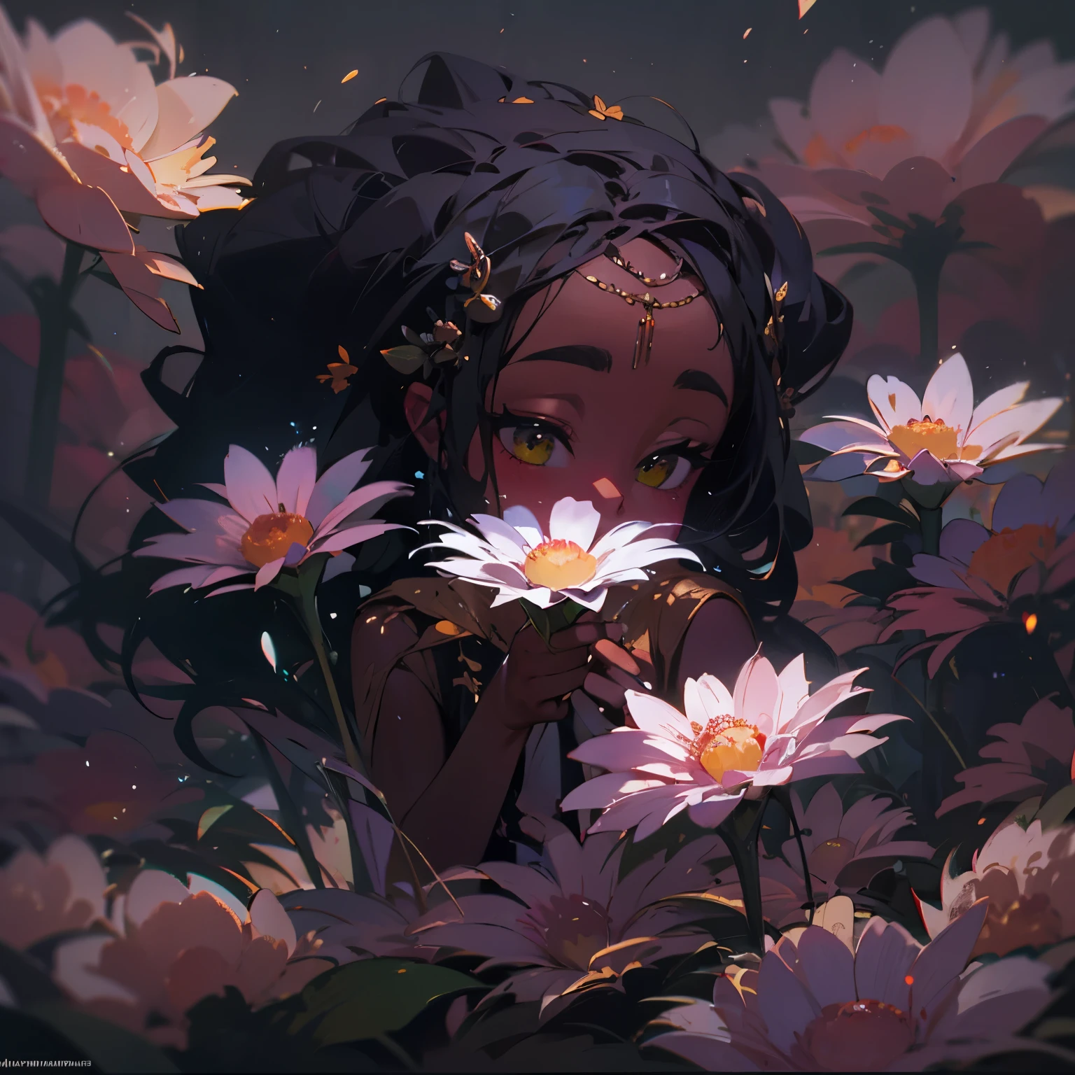 Little cute flower spirit on a flower, (dark skin), solo,  concept art, fantasy art, matte in the style of alena aenami,by yanjun cheng, hyperrealism, cinema 4d, beautiful, mysterious, elemental, ethereal, elementl, high resolution