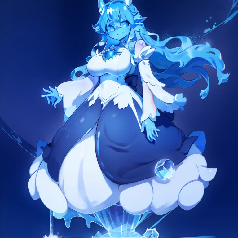 Slime Girl, Anime, Big horns, High quality, Very high, big breast background, White background, closed Dress, Closed Mount, closed chest, , Cute, Full body, melting, large deer crystal horns,Dress,forest, Blue eyes, Body upper,