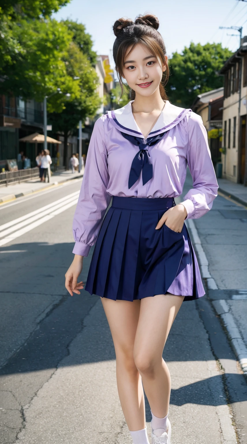 8k, best quality, masterpiece, realistic, ultra detail,  photography, HDR, ROW photo, highres, absurdres, cinematic light, official art, High-definition, depth of field,
full body, beautiful legs, slender, cute face, smile, beautiful details eyes, 19years old korean, pretty, Double buns with lavender color,
school uniform, street, morning, running,((whole body, including legs)),((Standing)),(open thighs),