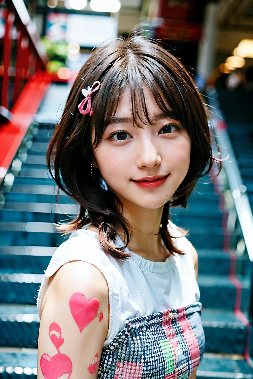 1girl in, Solo, Cute girl with pink hair, Pink eyes, escalators, Soft natural light, Ribbon on the head, Sleeveless white shirt、a small face、Smile、younggirl、8K、realisitic、white braids, Hair Ornament、