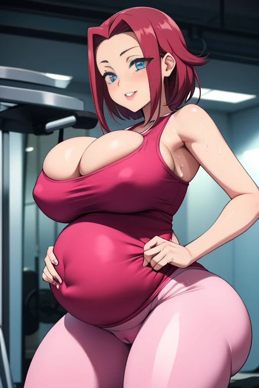 Code geass, Kallen kozuki, 1girl, (((bimbo))), blue eyes, puffy lips, painted lips, thick lips, wide hips, thick thighs, big breast, huge ass, revealing cleavage, erotic, Smile face, bubble butt, cameltoe, hanging breasts, in the gym, lifting weights, pink yoga pants, pink top, huge breasts, sweat, holding breasts, cum inside, groin focus, pregnant,