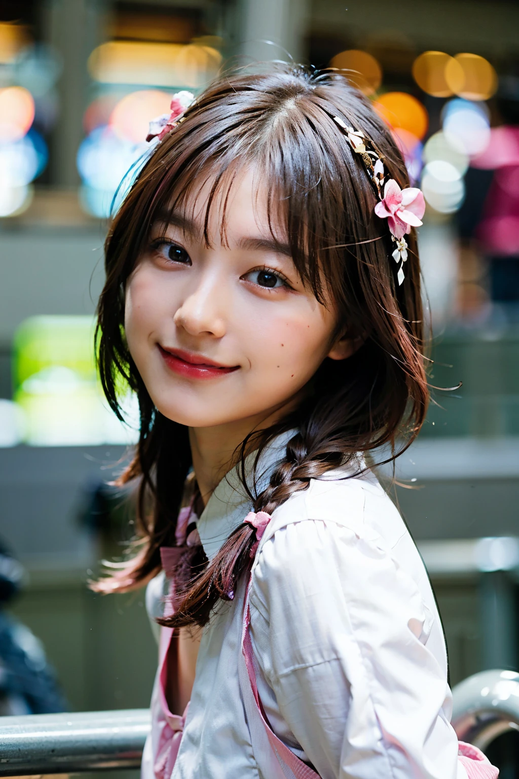 1girl in, Solo, Cute girl with pink hair, Pink eyes, escalators, Soft natural light, Ribbon on the head, white shirt with frills、a small face、Smile、younggirl、8K、realisitic、White braid, Hair Ornament、