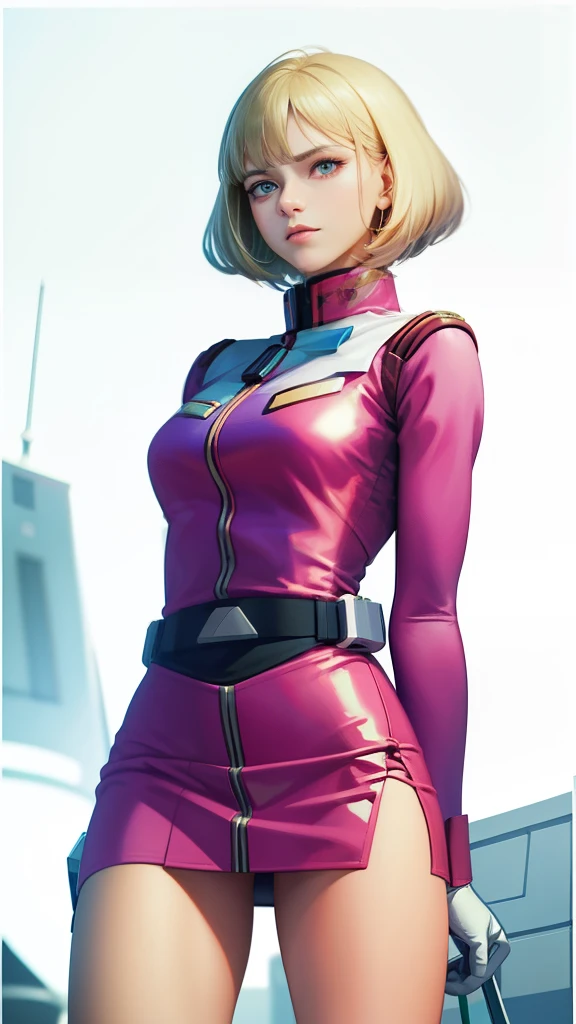 1girl in, sayla mass, Elegant, masutepiece, Convoluted, Army pink uniform dress with a super miniskirt that looks like you can see your pants、Super miniskirt You can see the pants in the miniskirt、White panty、Realistic, Best Quality, With White Base and Mobile Suit Gundam in the background、absurderes, high face detail, Perfect eyes, 18 years old, Cowboy Shot, realization、, Vibrant colors, Pink Uniform, Skirt