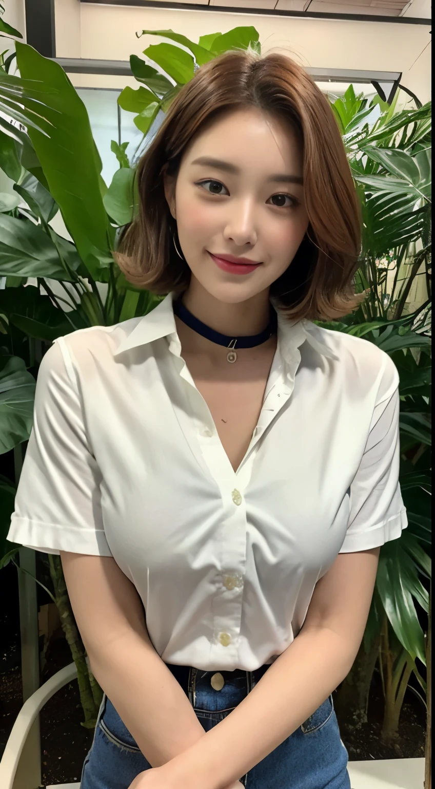 ((top-quality、8K、masterpies:1.3、Being in the company、OL、Office Casual Setup、White shirt with collar、very large breast bulge))、1girl in、Slim Beauty:1.3、Super Detail Face、Delicat eyes、二重まぶた、facial expression of smile、full body Esbian、Brown hair、Suntan-Skin、20yr old、bobhair、short-cut、erotick、 Look、stare、houseplant、verdant、full body seen