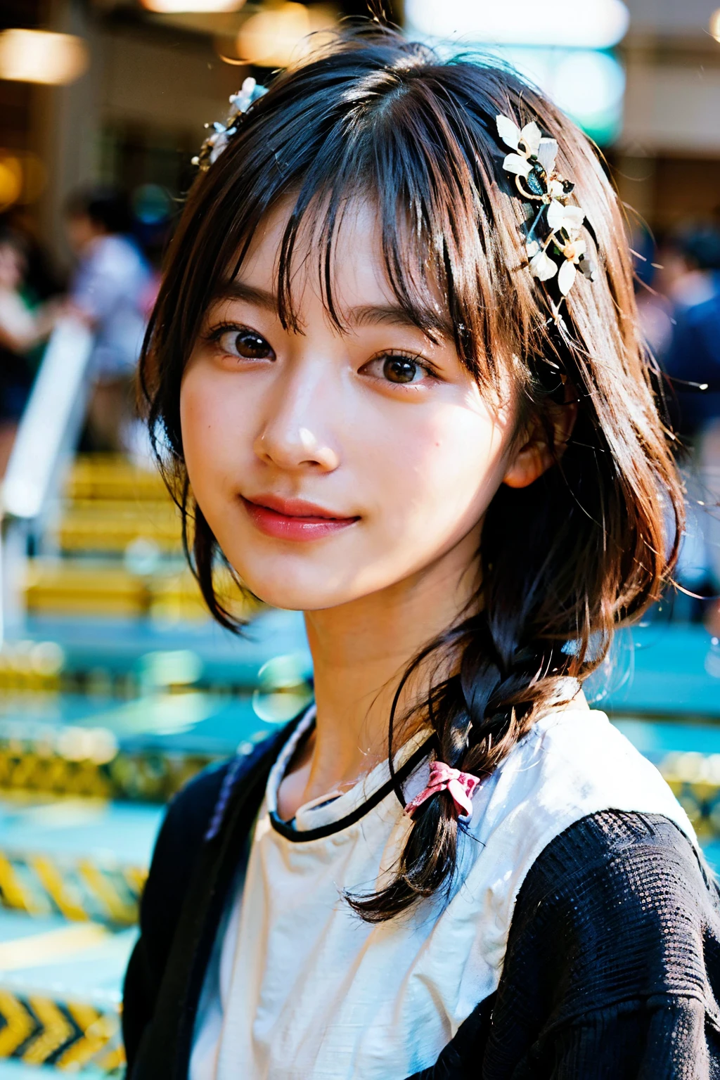 1girl in, Solo, Cute girl with pink hair, Pink eyes, escalators, Soft natural light, Ribbon on the head, white shirt with frills、a small face、Smile、younggirl、8K、realisitic、White braid, Hair Ornament、