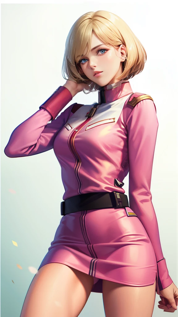 1girl in, sayla mass, Elegant, masutepiece, Convoluted, Army pink uniform dress with a super miniskirt that looks like you can see your pants、Super miniskirt You can see the pants in the miniskirt、White panty、Realistic, Best Quality, With White Base and Mobile Suit Gundam in the background、absurderes, high face detail, Perfect eyes, 18 years old, Cowboy Shot, realization、, Vibrant colors, Pink Uniform, Skirt