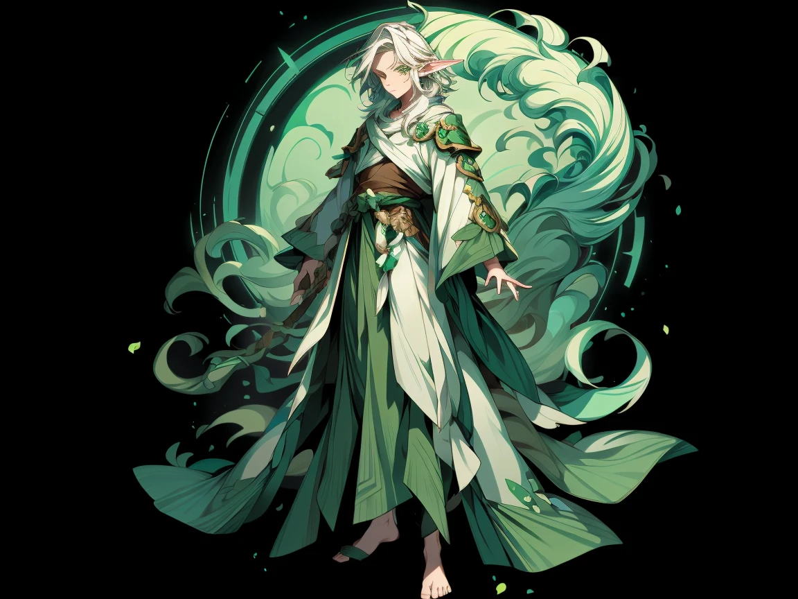 ((character concept art)), Video game character design, Detailed male with pale skin,midle hair, druid, half-elf ,Dressed as a druid,illustartion,Realistic,Harmonious colours,natural lighting, green clothes, white hair, curly hair1.3.A detailed eye, Transparent，fantasy style，extremely beautiful，High balance, natural light