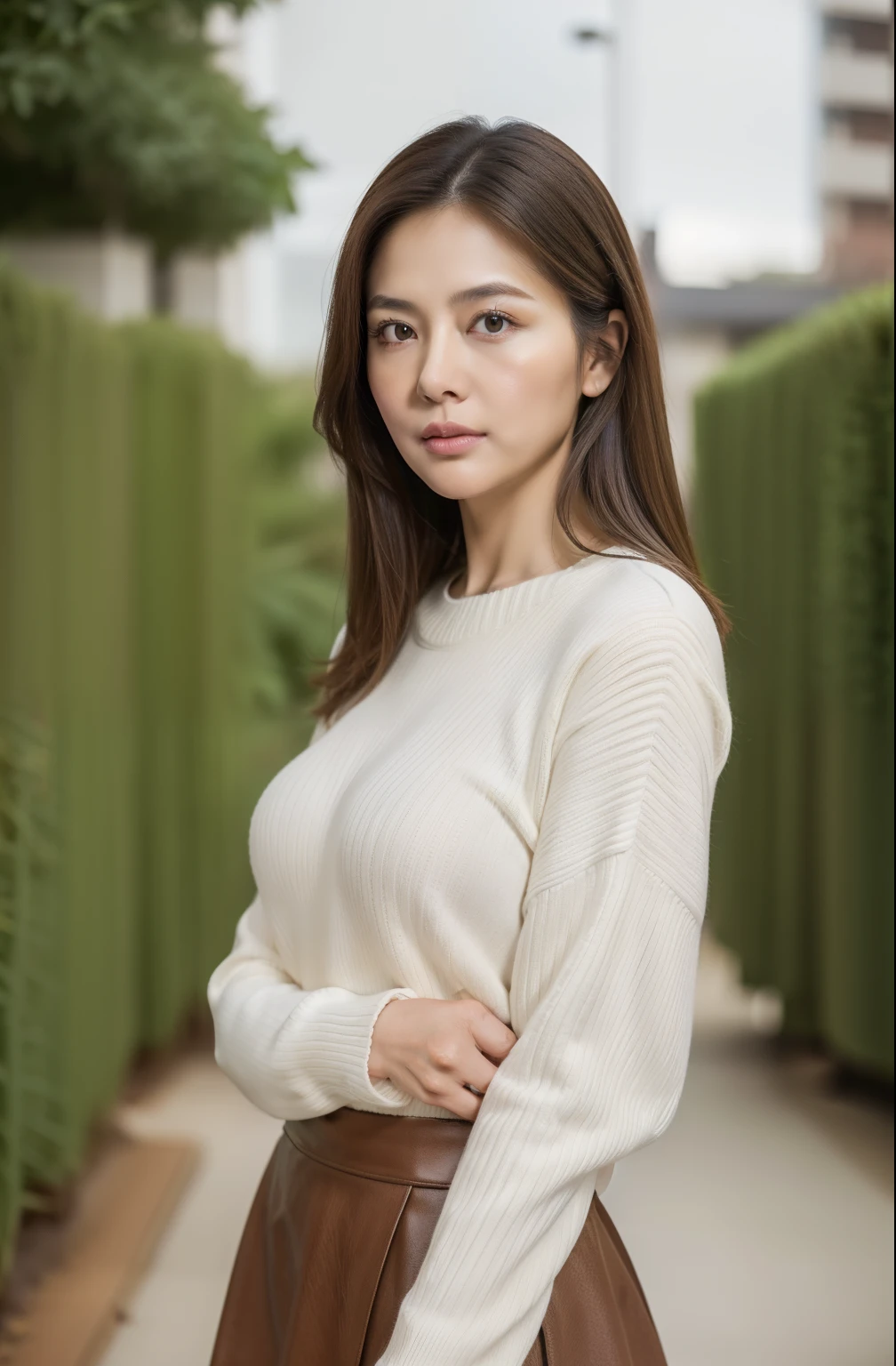 stand up straight, Aim towards the center of the screen, Shut up and think seriously(Serious), look straight in the face., Mature 20-year-old Japanese woman of average build., On a rainy garden background, Leaving the garden out of focus on a rainy day., Anatomically correct, I have big breasts and a nice body.., Light brown straight hair that reaches her shoulders and a sweater, wearing a skirt, 피부결이me 질감을 자세히 설명해 주세요.., mencludes facial wrinkle details.. also, me'm forgetting that me loved you in a cowboy shot style. Please take a picture of me thinking quietly.....