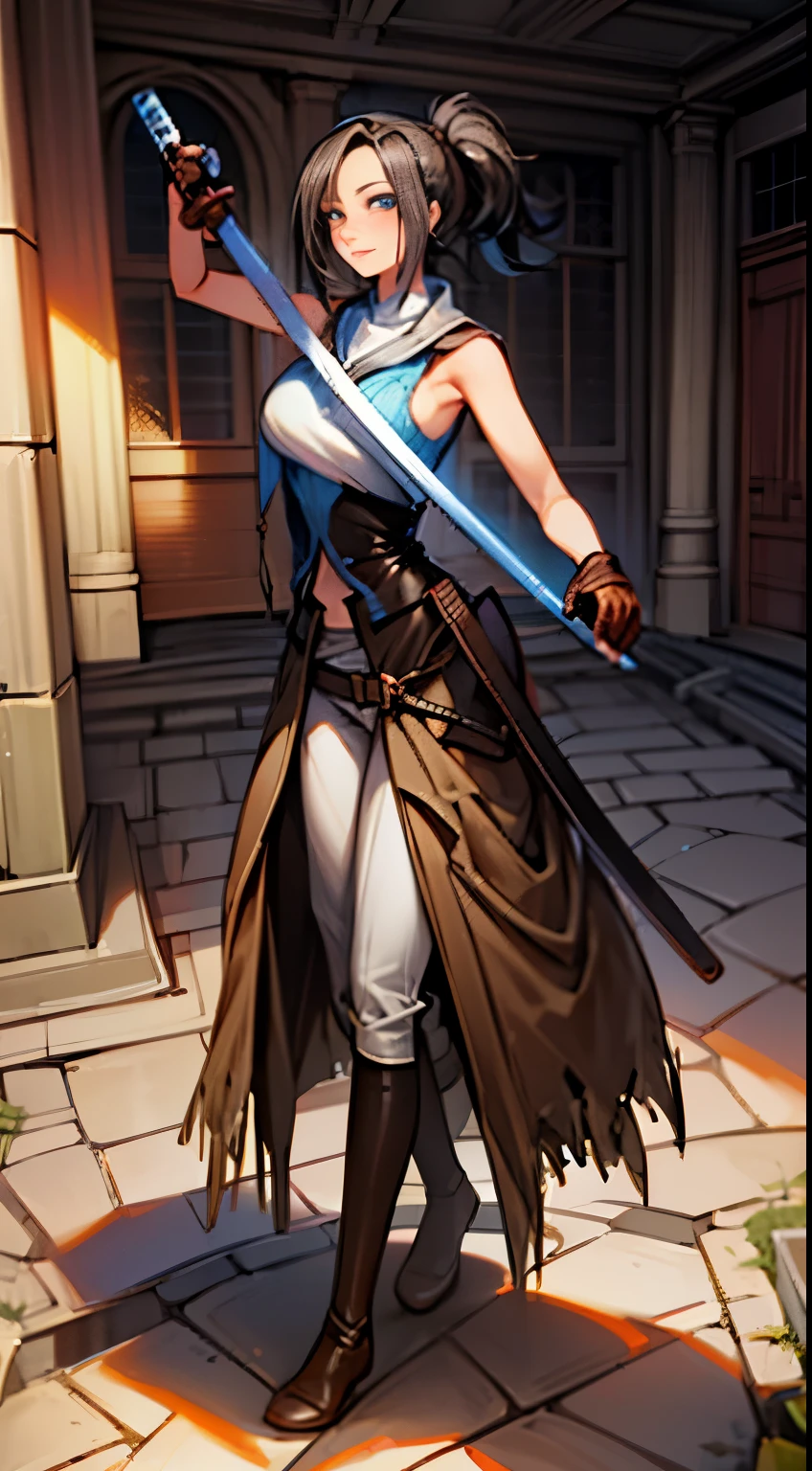 A beautiful female swordsman standing in the dungeon, mossy, damp, fullbody, solo, Female, tall, beautiful, black hair, ponytail, long bangs, insanley detailed face and eyes, blue eyes, glasses, Perfect lips, light smile, big breast, (sleeveless, bare shoulder, leather vest, long leather robe, leather pants, boots, gloves ), hand up, hand holding katana, looking to viewer, masterpiece, Aesthetic, dark vibes,