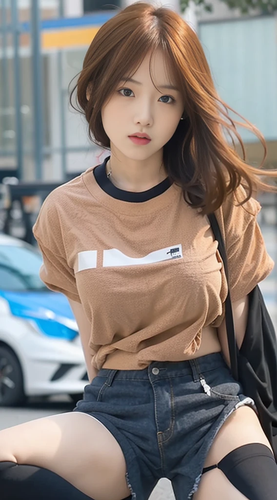 photorealistic, high resolution, 1 girl, orange hair, korean, blue eyes, shirt, skimpy tight black shorts, thick thighs