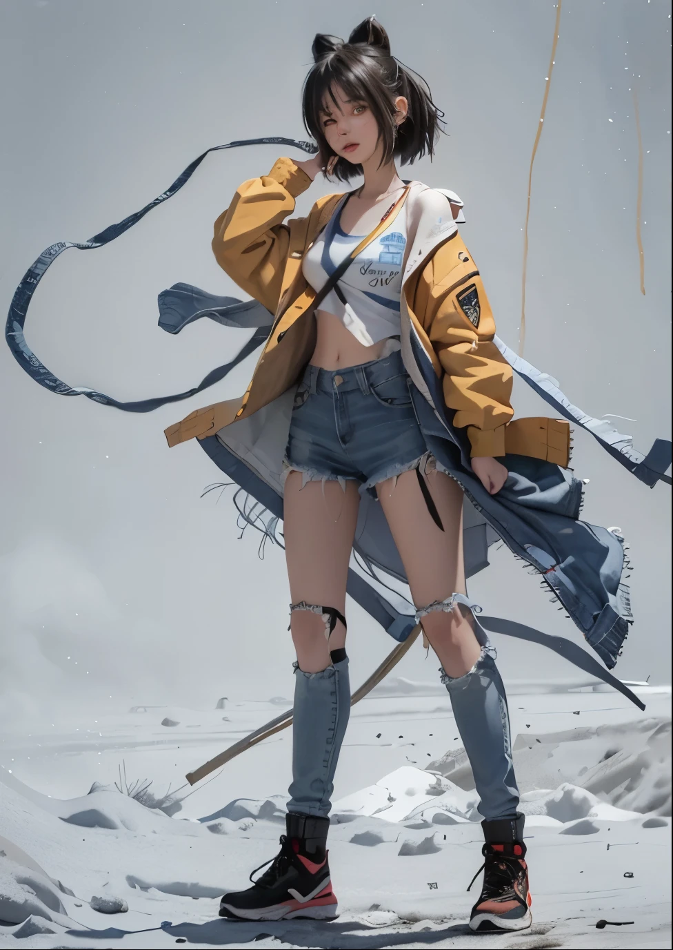 Stylish long hair, Stick out your tongue:1.4, mischievous expression:1.5, Full body funny dynamic pictures, Slender leg type, denim hot-pants, over-the-knee cotton socks, athletic sneakers, Short denim jacket:1.1, UHD, retina, masterpiece, ccurate, anatomically correct, textured skin, super detail, high details, high quality, award winning, best quality, 4K, 8k