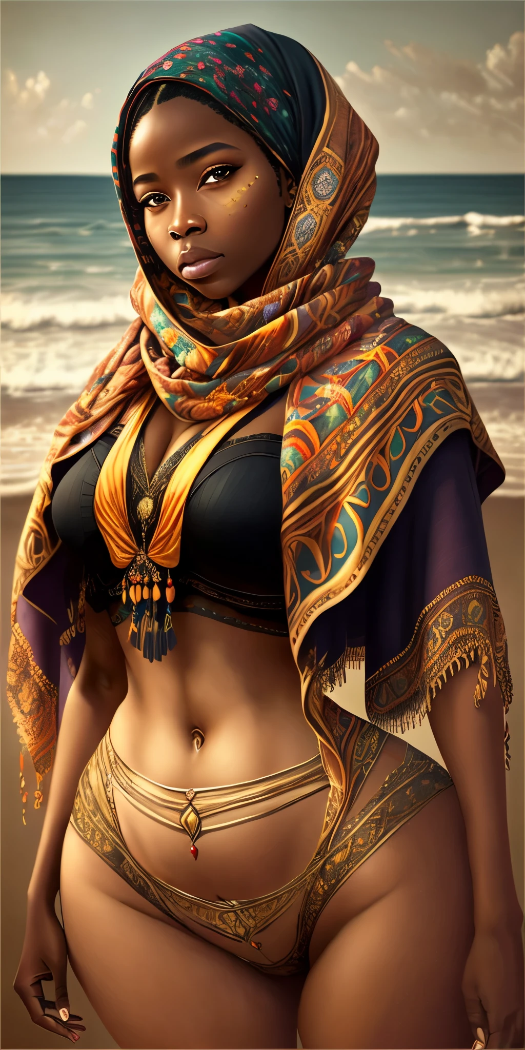 Editorial, high accuracy film captures a captivating a dark skin woman wearing a shawl and scarf, , deep melanin, intimate photography, colors: amber coral, hips: wide, trapezoidal, thick --auto --s2