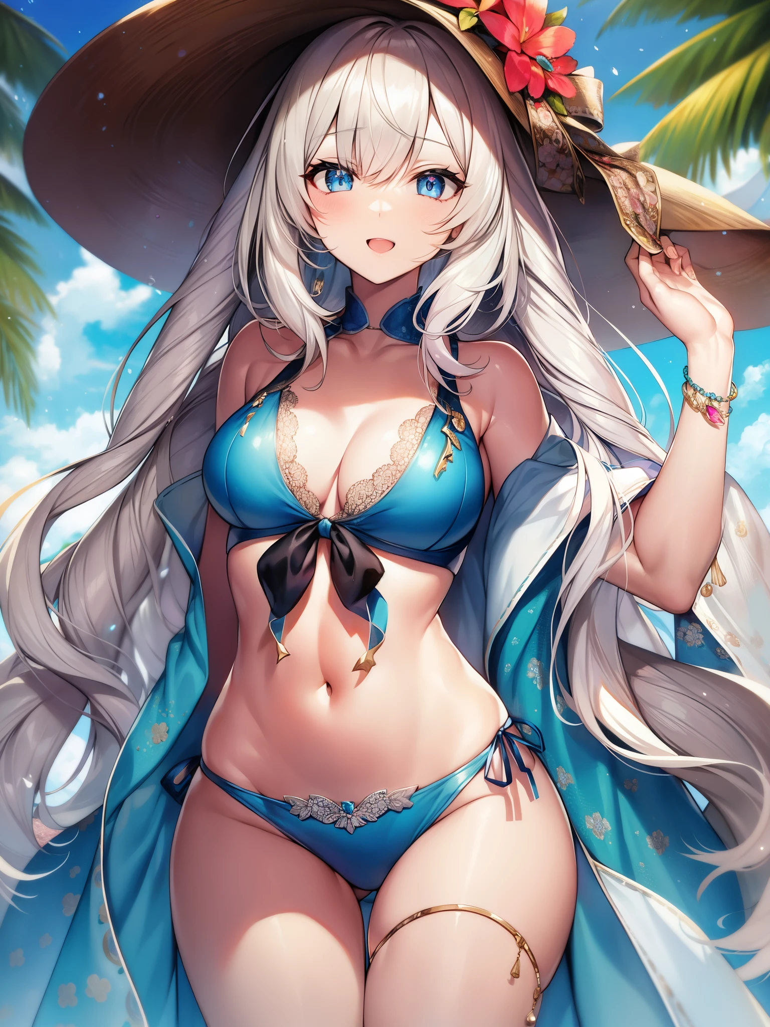 fugo mariantoinette, Marie Antoinette, Blue eyes, Long hair, White hair, Twin-tailed,
BREAK bikini, Blue Bikini, frilldビキニ, frilld, front-tie top, hat, Jewelry, Navel, Necklace, sarong, sun hat, Swimsuit,
BREAK looking at viewer,
BREAK outdoors, Beach,
BREAK (masutepiece:1.2), Best Quality, High resolution, Unity 8k壁纸, (Illustration:0.8), (Beautiful detailed eyes:1.6), extra detailed face, Perfect Lighting, extremely details CG, (Perfect hands, Perfect Anatomy),