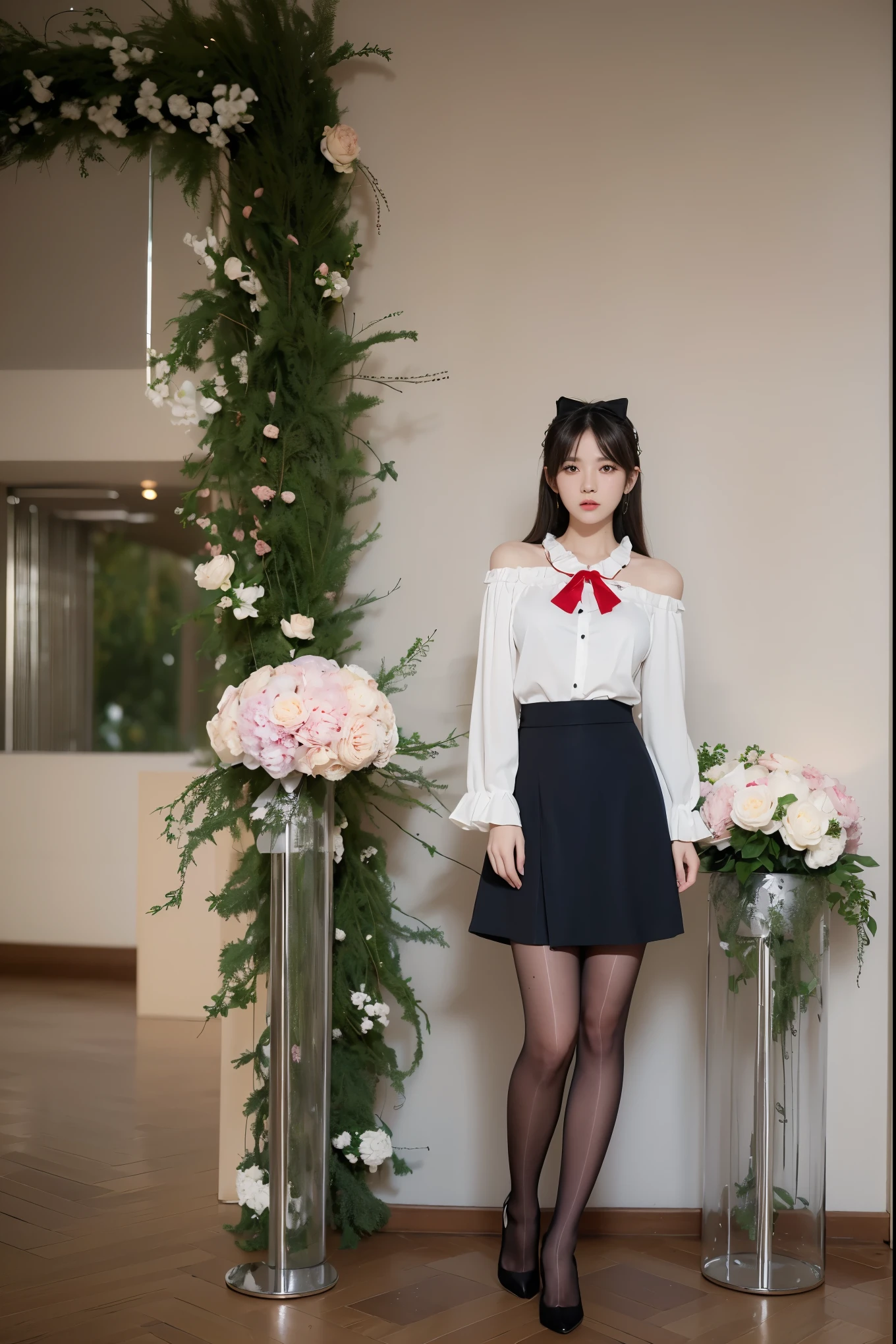 tmasterpiece, Best quality at best, 1个Giant Breast Girl, Alone, long_the hair, lookingat_Show on the_peeping at the viewer, white the hair, red eyes, ssmile, By bangs, a skirt, The shirt, long_the sleeve, hShow on the, a skirt, the bow, ngel, deactivated_beak, florals, decor, the hair_florals, florals瓣, florals束, ngel_florals, centre_decor, Hood, ngel_florals束, Standing painting, full bodyesbian, white backgrounid,