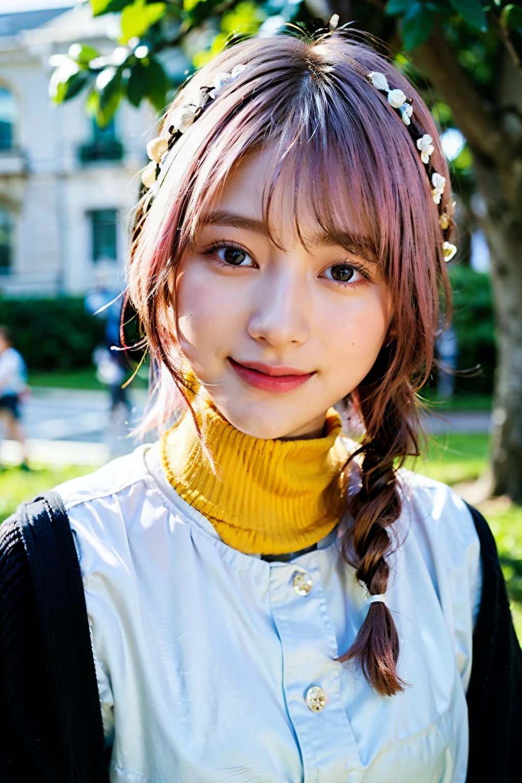 1girl in, Solo, Cute girl with pink hair, Pink eyes, The background is a park, Soft natural light, Ribbon on the head, White shirt with ruffles、a small face、Smile、younggirl、8K、realisitic、White braid, Hair Ornament、