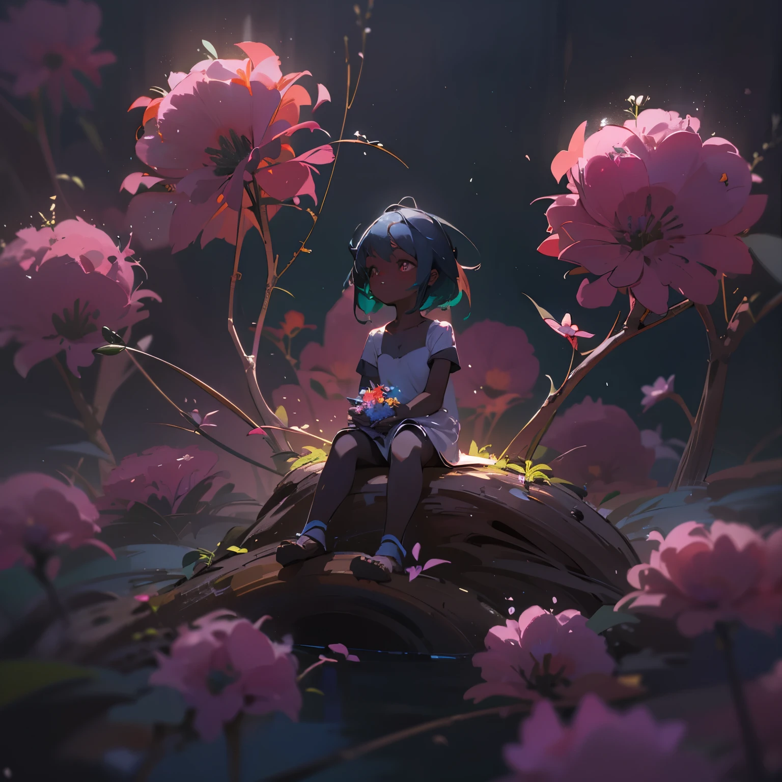 Little cute flower spirit sitting on a flower, (dark skin), solo, concept art, fantasy art, matte in the style of alena aenami,by yanjun cheng, seating position, hyperrealism, cinema 4d, beautiful, mysterious, elemental, ethereal, elementl, high resolution