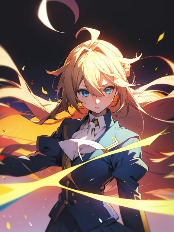 Blonde hair, blue eyes, ahoge, school uniform, long hair, upper body, stand