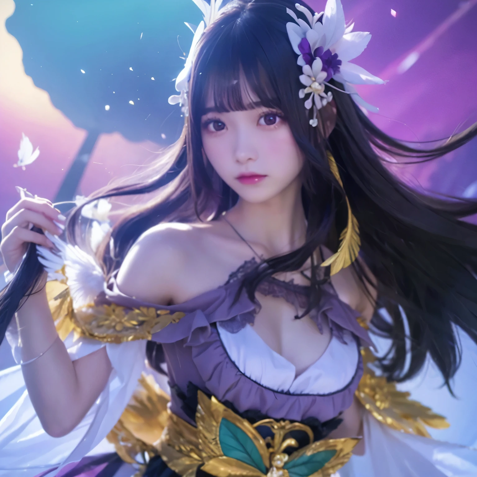 1girl, long hair, solo, hair ornament, flower, hair flower, black hair, breasts, looking at viewer, holding, feathers, bangs, bare shoulders, purple eyes, dress