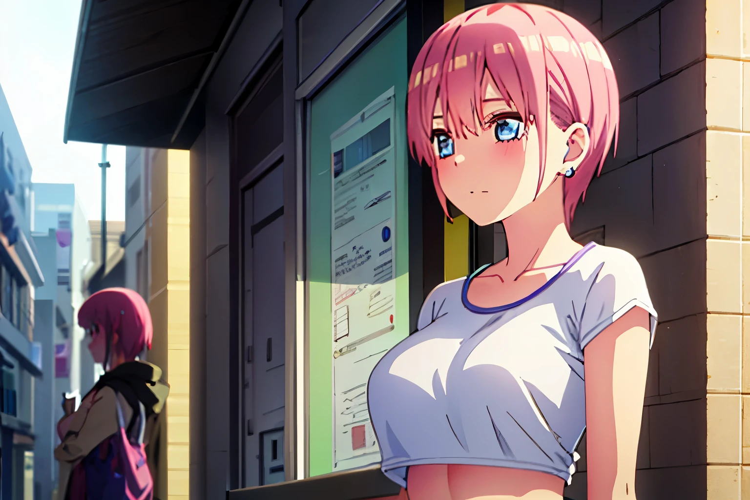 nakano ichika, masterpiece, best quality, 1girl,alone, blue eyes, pink hair, closed mouth, earrings, hoop earrings, jewelry, looking at viewer, crop top, short hair, street, solo, upper body, yellow crop top, underboob, large breasts