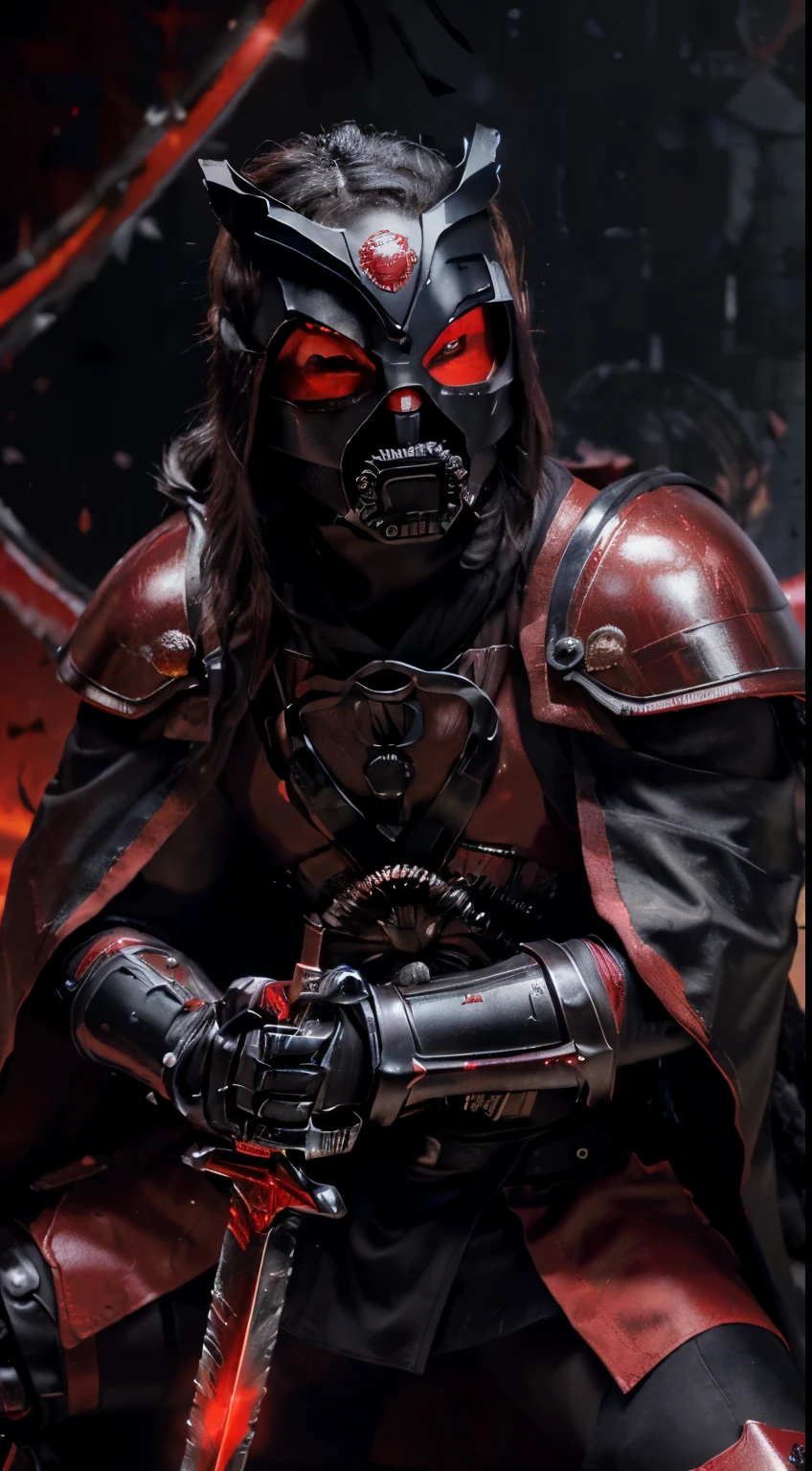 Death black trench coat and hood and bloody bandages raping around his chest 