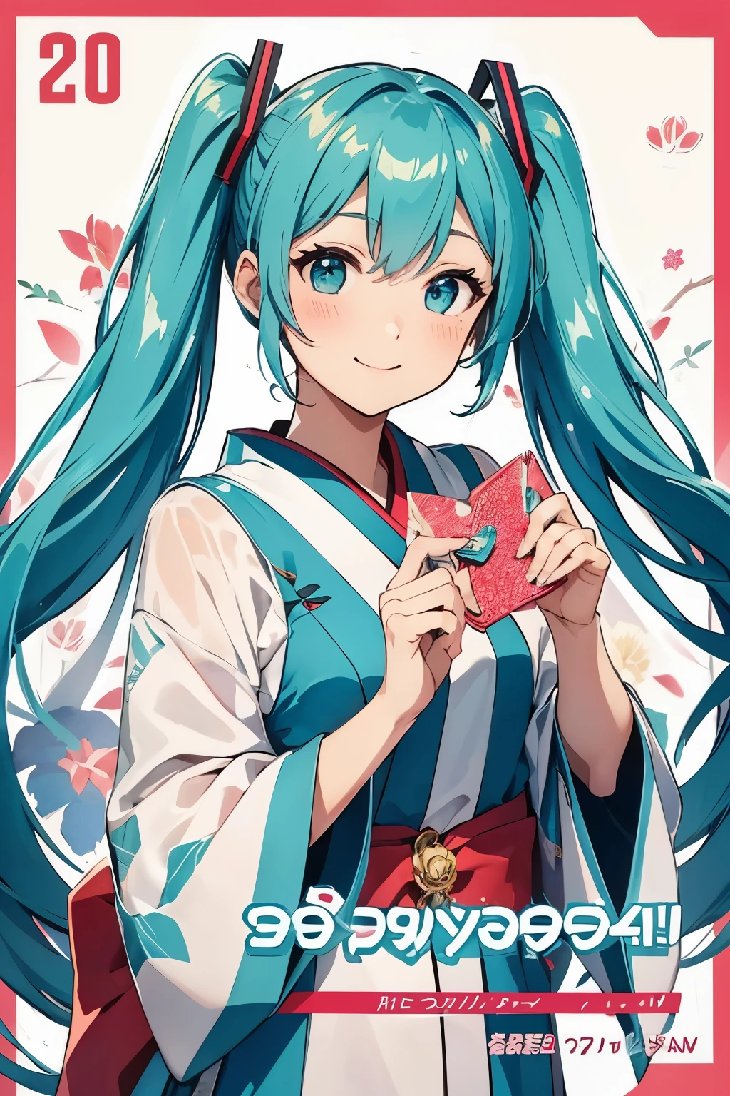 jpn:1.7、miku hatsune、New Year、2024、New Year、a smile、length hair、New Year、without background:1.5