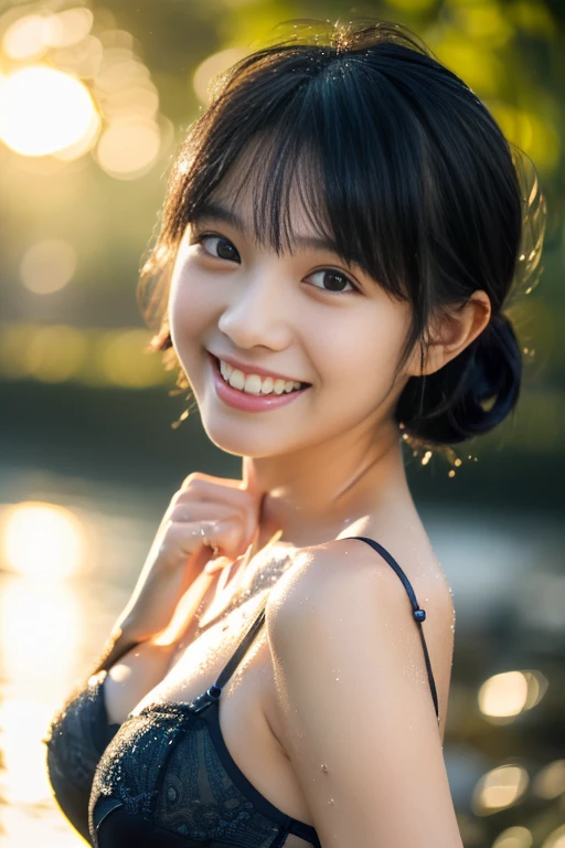 ((masterpiece))), (One beautiful Japan girl, classmates, Neat and innocent,((cute hairstyle black hair :1.4)) ,超A high resolution, Realistic, ultra-detailliert, 8K,top-quality, Extremely detailed, Detailed background,A slender,very beautiful japanese girl, Detailed face:1.3), , (a ,Cute,adorable girl),masutepiece, High resolution, Bursting smile,Show your beautiful teeth,facing the front there,Eyes are double, high-level image quality, High quality、Detailed background、early evening、The fresh air after the rain、Rain-soaked hair、White shirt wet in the rain,4 fingers, 1 thumb、Detailed female face、cute and attractive pose、Soft Focus , bright and gentle light , Lens Flare ,Dreamy , Wet in the rain, clothes that cling to one's body、(Black bra shows through)、((Heavy rain background))、(((Beautiful water background、basking in the bright sunset))),Dark blue pleated miniskirt,beautiful thigh,Clear air