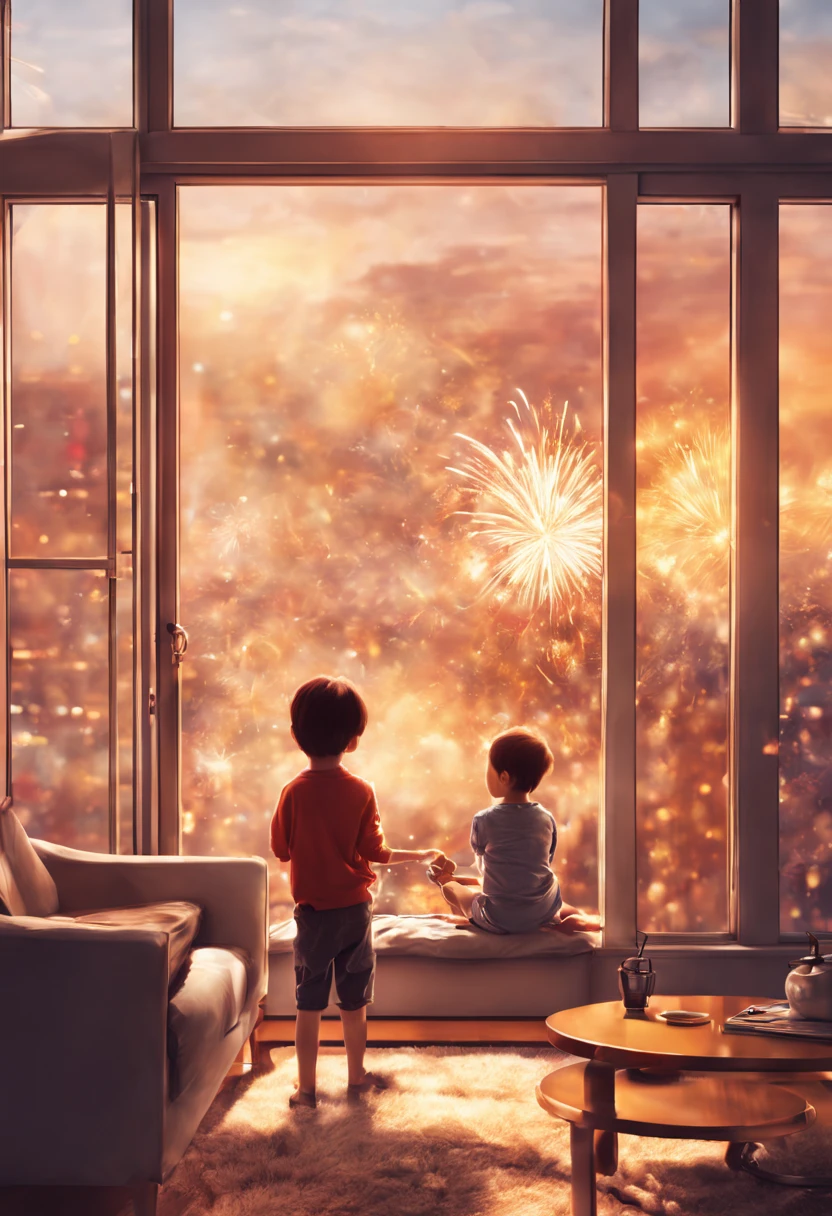 Need living room scene picture，The living room has floor-to-ceiling glass windows，There are fireworks outside the window，A  lies at the window watching fireworks，The main color is warm