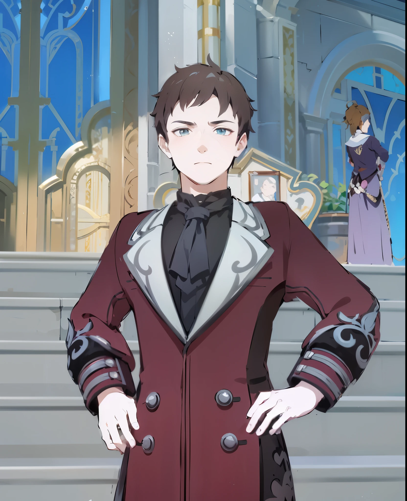 8k, hd, masterpiece, game character, anime style, celshade style, 1guy, anime character dressed in a red coat standing on a set of stairs, inspired by Okumura Masanobu, picture of a male cleric, ace attorney style, beautiful androgynous prince, young shadow mage male, inspired by Okumura Togyu, portrait of a male hydromancer, ((wearing aristocrat robe))