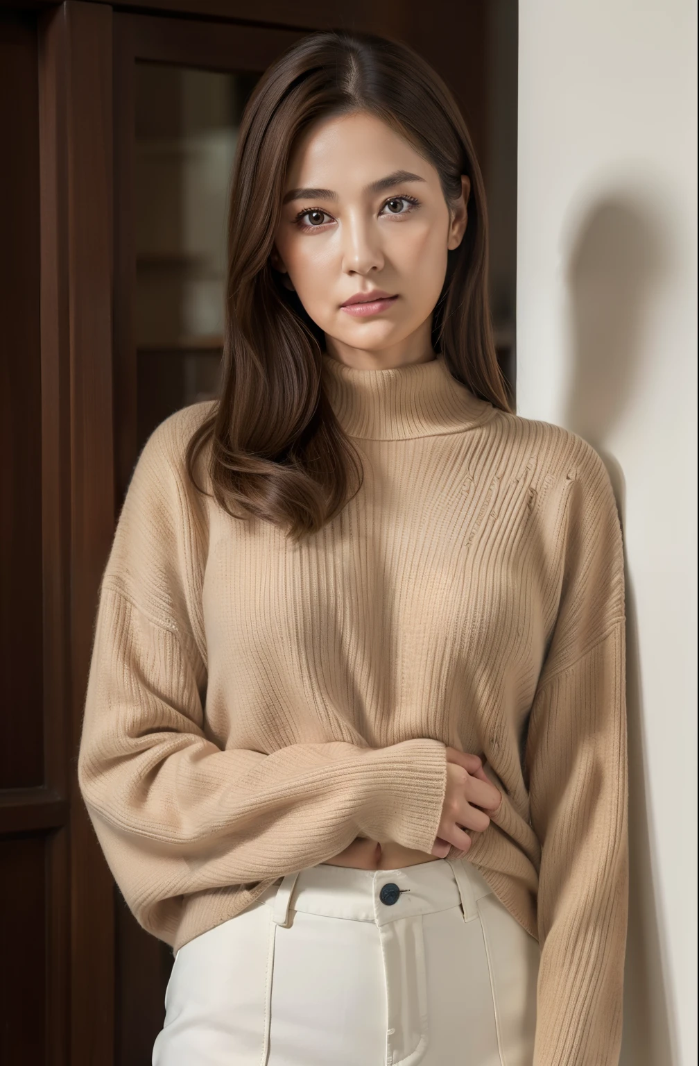 masuter piece, top-quality, masterpiece, hight resolution, Photorealsitic, Raw photography, 8k wallpaper, flawless, profetional lighting, ighly detailed, depth of fields,Pale solid color background, ((One beautiful woman)), ((75 years old)), Female sexy, Detailed face, beautidful eyes, bangss, large breasts of good shape, Light Brown Straight Hair, Faint lips, ((Stand forward、Staring at the viewer, serious face eyes.)),Sweaters, skirt by the, cowboy shot