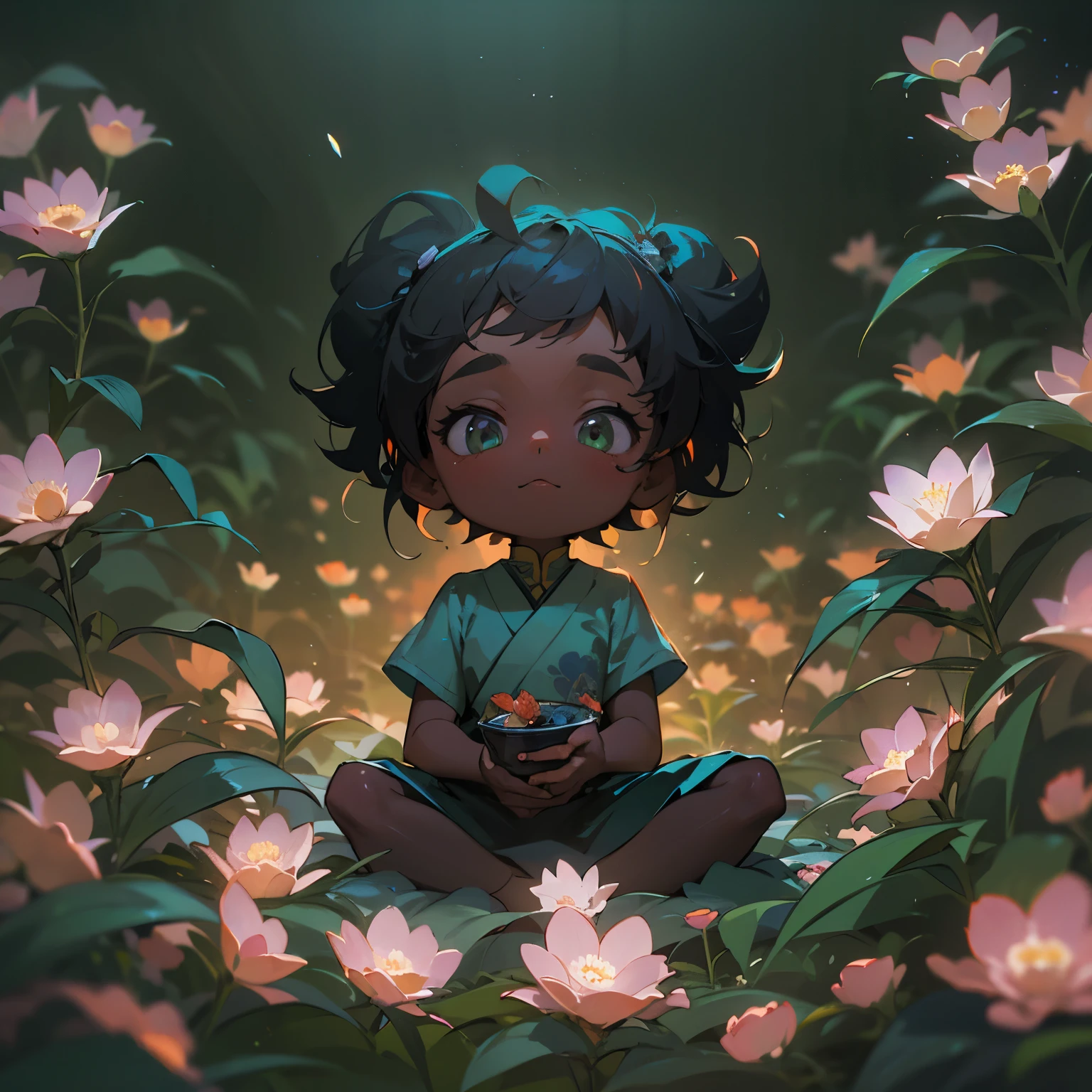 Little cute flower spirit sitting on a flower, (dark skin), solo, concept art, fantasy art, matte in the style of alena aenami,by yanjun cheng, seating position, hyperrealism, cinema 4d, beautiful, mysterious, elemental, ethereal, elementl, high resolution