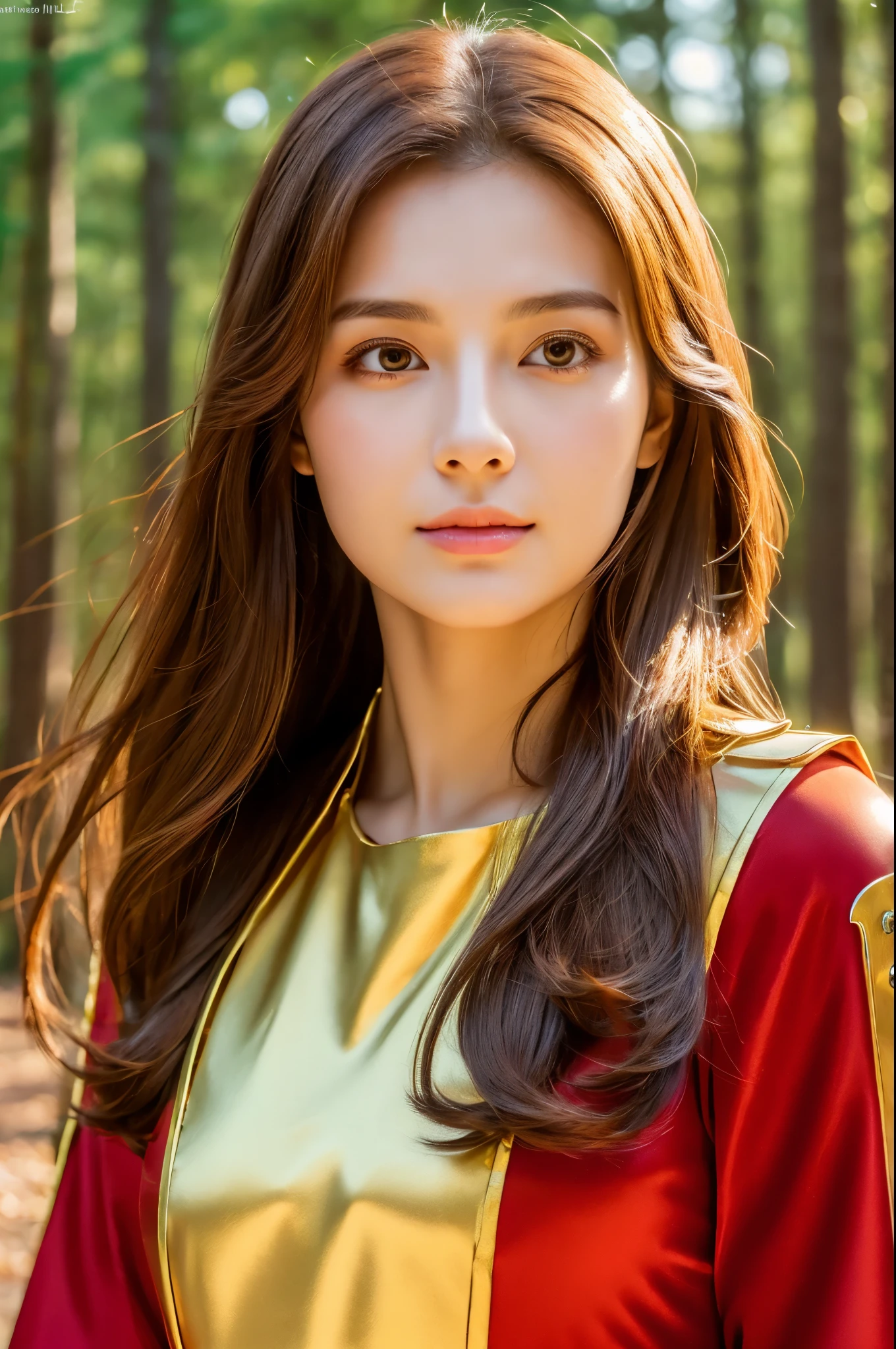 (masterpiece, best quality:1.4), (8k, raw photo, photo realistic:1.2), (shiny skin), detailed skin, detailed face, detailed eyes,
8k portrait, calm woman, 25 years old, Brown eyes , beautiful, (), Red wizard costume, Long straight hair, forest, (chant magic), stare into the distance, full body, divine light