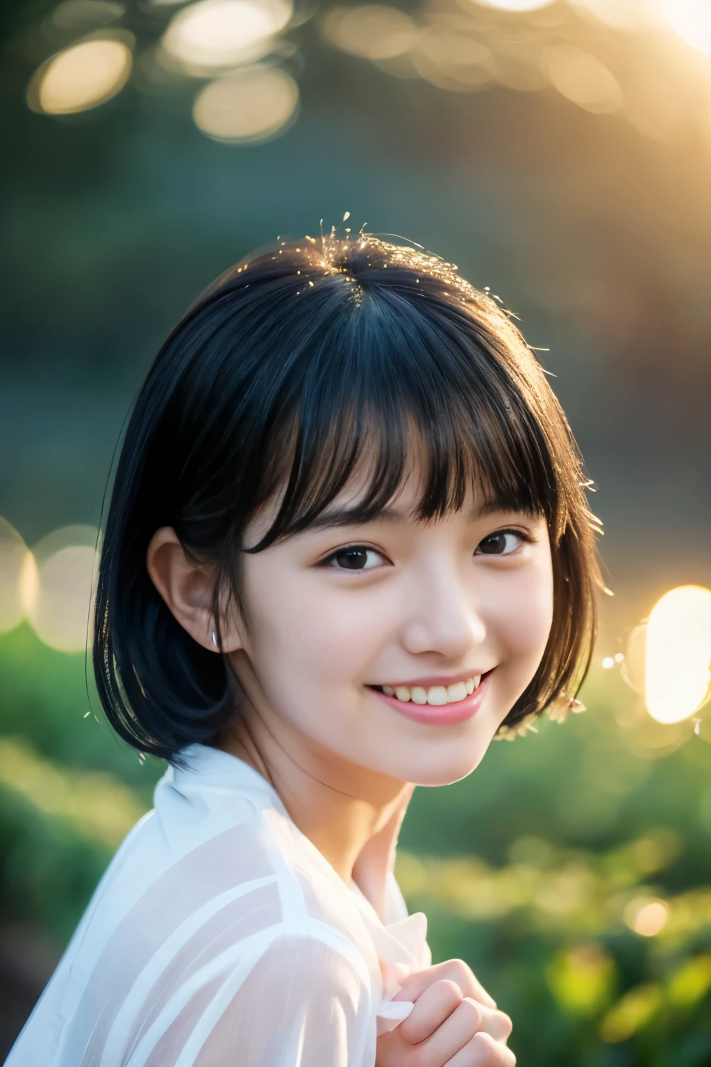 ((​masterpiece))), (One beautiful Japan girl, classmates, Neat and innocent，((cute hairstyle black hair :1.4)) ，超A high resolution, Realistic, ultra-detailliert, 8K,top-quality, Extremely detailed, Detailed background,A slender,very beautiful japanese girl, Detailed face:1.3), , (a ，Cute,adorable girl)，masutepiece, High resolution, Bursting smile，Show your beautiful teeth，facing the front there，Eyes are double, high-level image quality, High quality、Detailed background、early evening、The fresh air after the rain、Rain-soaked hair、White shirt wet in the rain，4 fingers, 1 thumb、Detailed female face、cute and attractive pose、Soft Focus , bright and gentle light , Lens Flare ,Dreamy , Wet in the rain, clothes that cling to one's body、(Black bra shows through)、((Heavy rain background))、(((Beautiful water background、basking in the bright sunset)))，Dark blue pleated miniskirt，beautiful thigh，Clear air