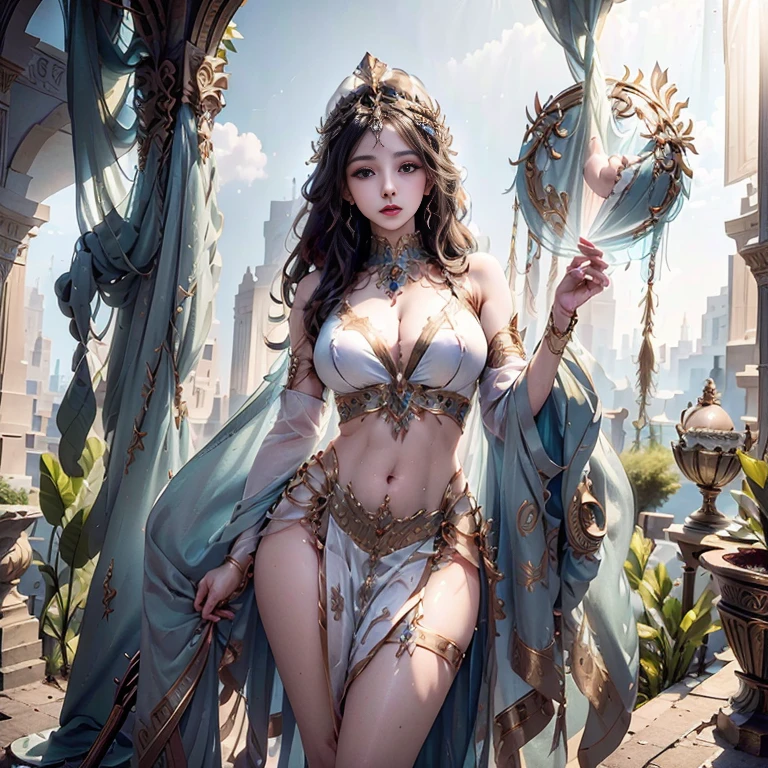 (Masterpiece)With an enchanting aura, The Egyptians Goddess Cleopatra(full shot) ,This remarkable image, beautifully captures the mythical deity's ethereal presence ,a dynamic pose ., photorealistic ,hyper-realistic , vertical pose , 8K , Cinematic Light