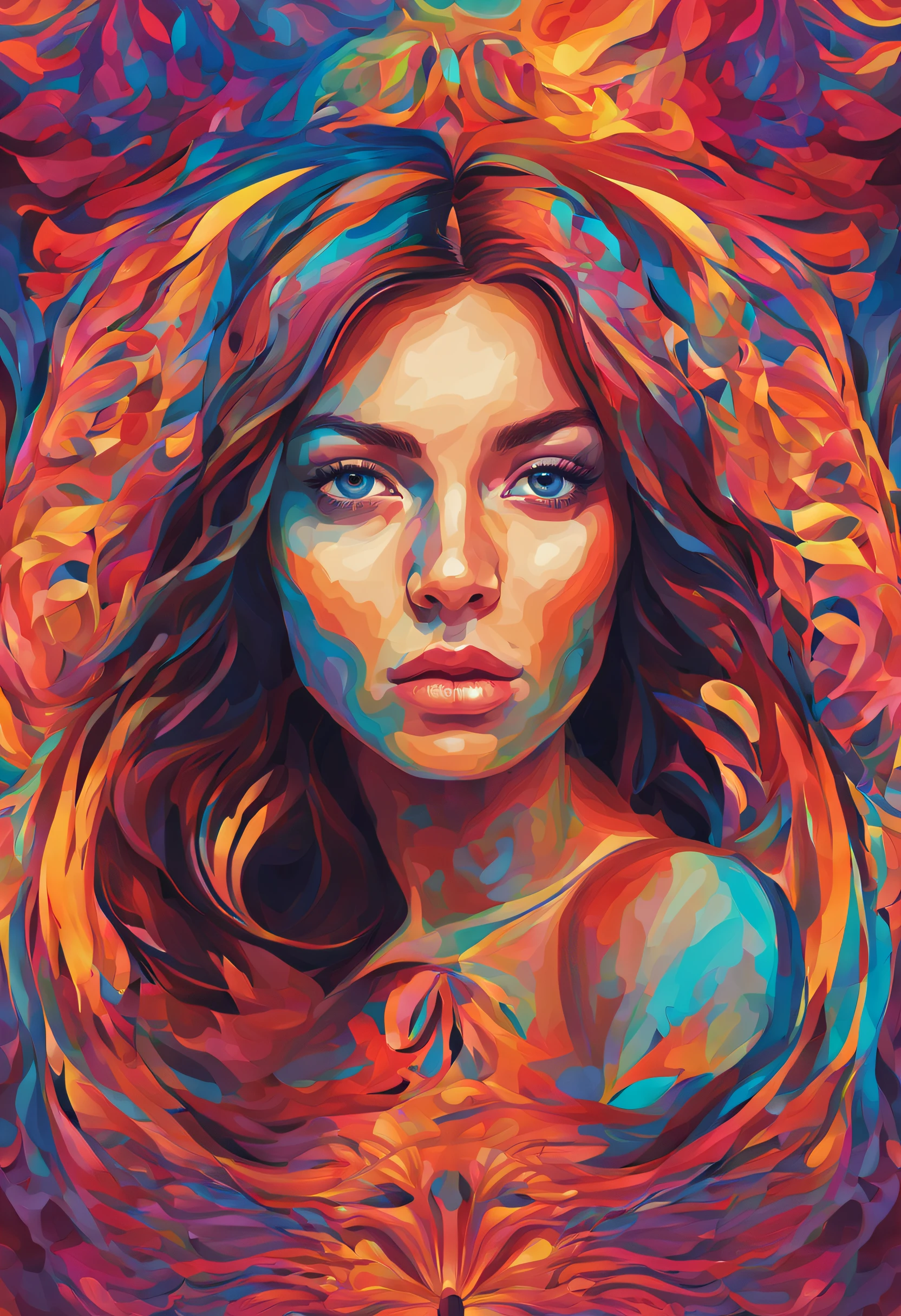 Face of a beautiful young woman in the center of abstract-psychedelic image,looking straight at me.