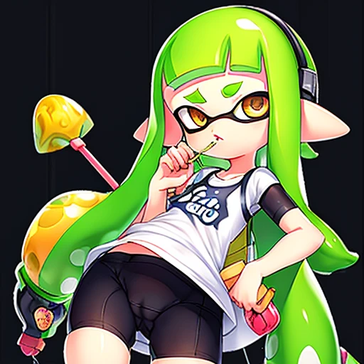 penshezs,1girl,bike shorts,headphones,inkling girl,jewelry,long hair,pointy ears,shirt,solo,holding lollipop, cameltoe, fat mons pubis
