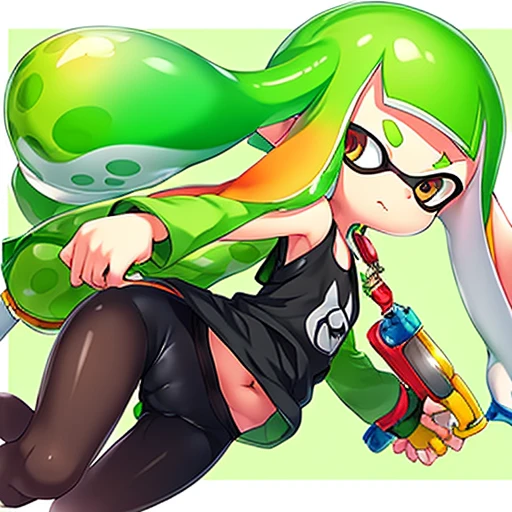 penshezs,1girl,bike shorts,headphones,inkling girl,jewelry,long hair,pointy ears,shirt,solo,holding lollipop, cameltoe, fat mons pubis