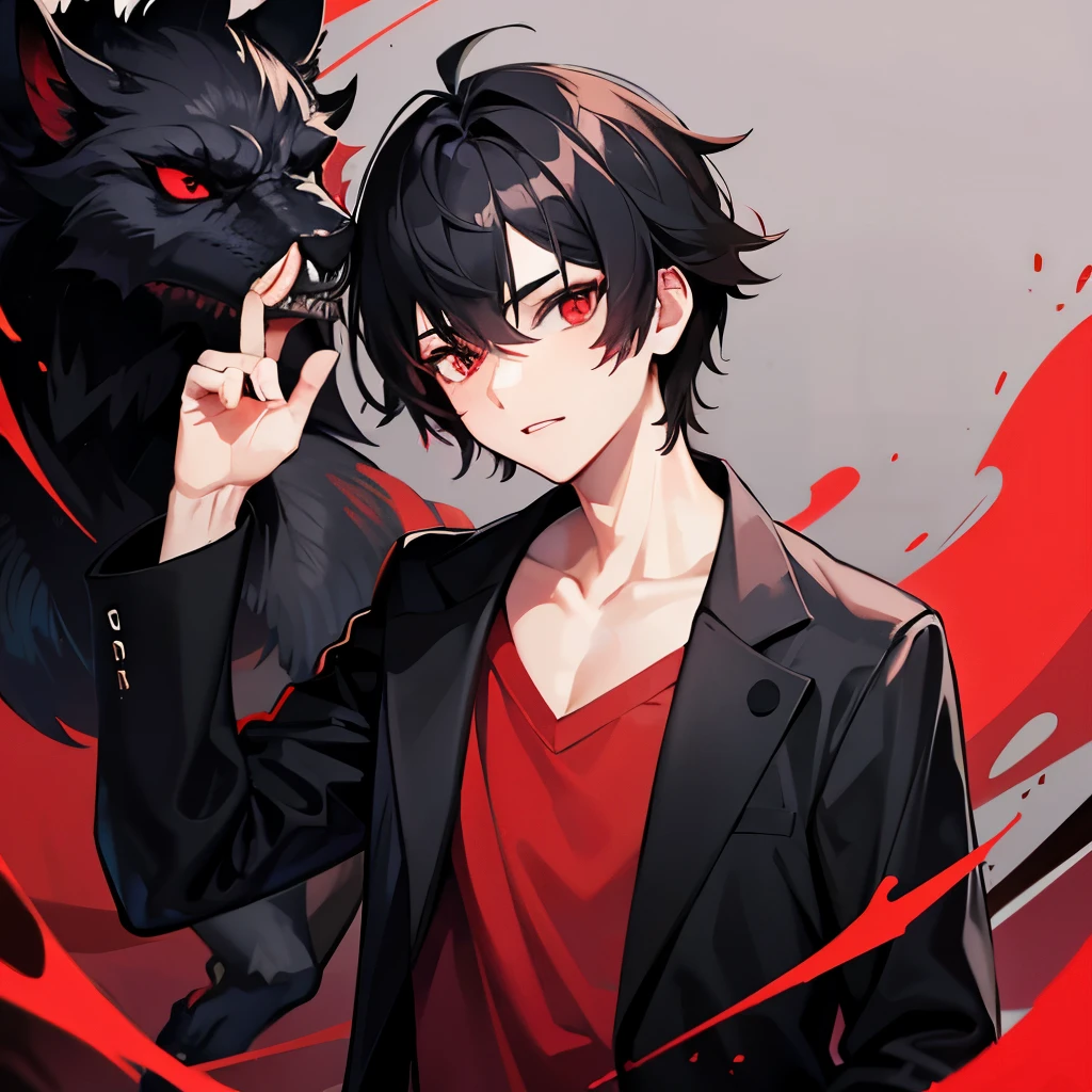 a boy with black hair and red eyes